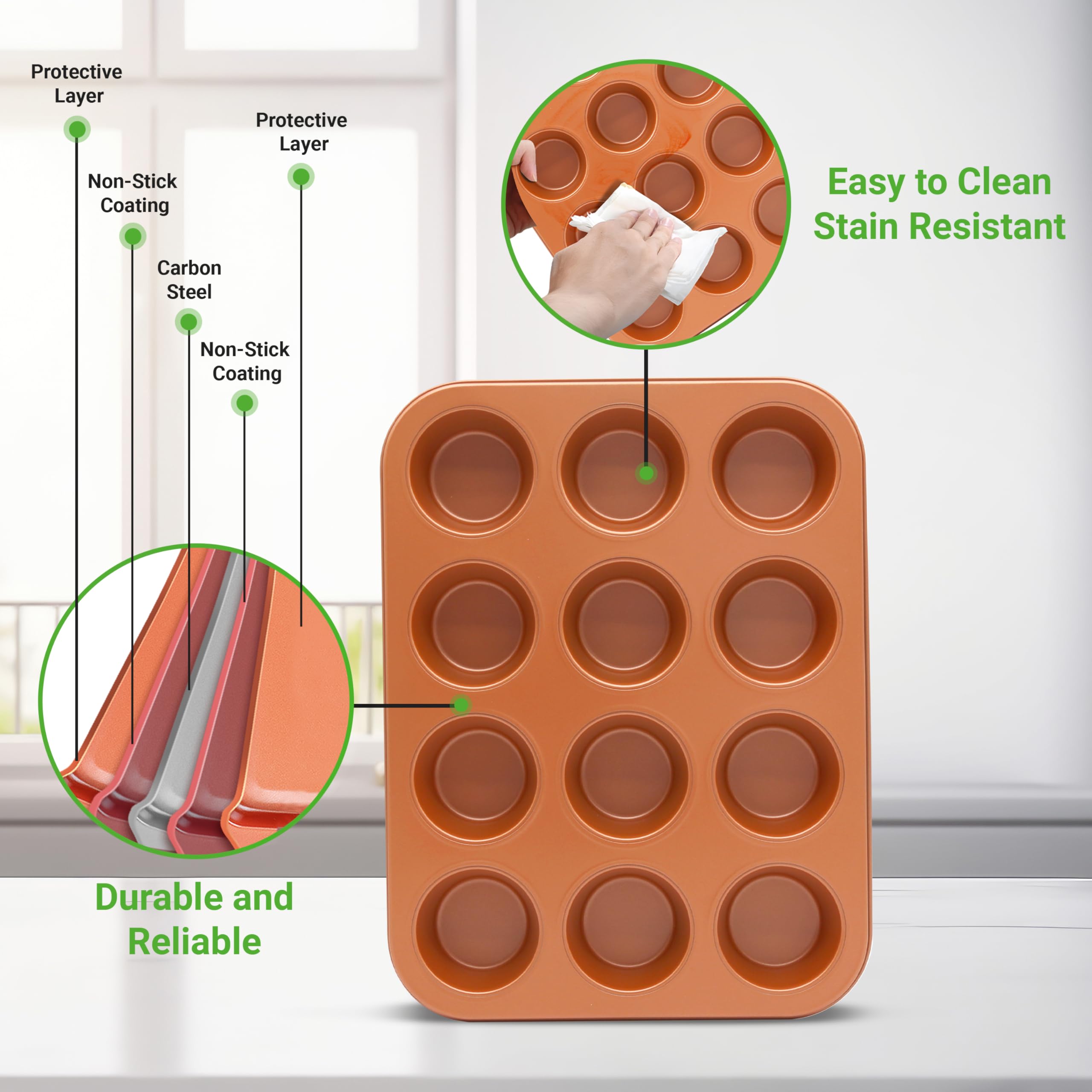 Nutrichef 12-Cup Copper Oven Muffin Pan, Non-Stick Coated Layer Surface, Even Heating Muffin Tray For Muffins, Cupcakes, Pastrie