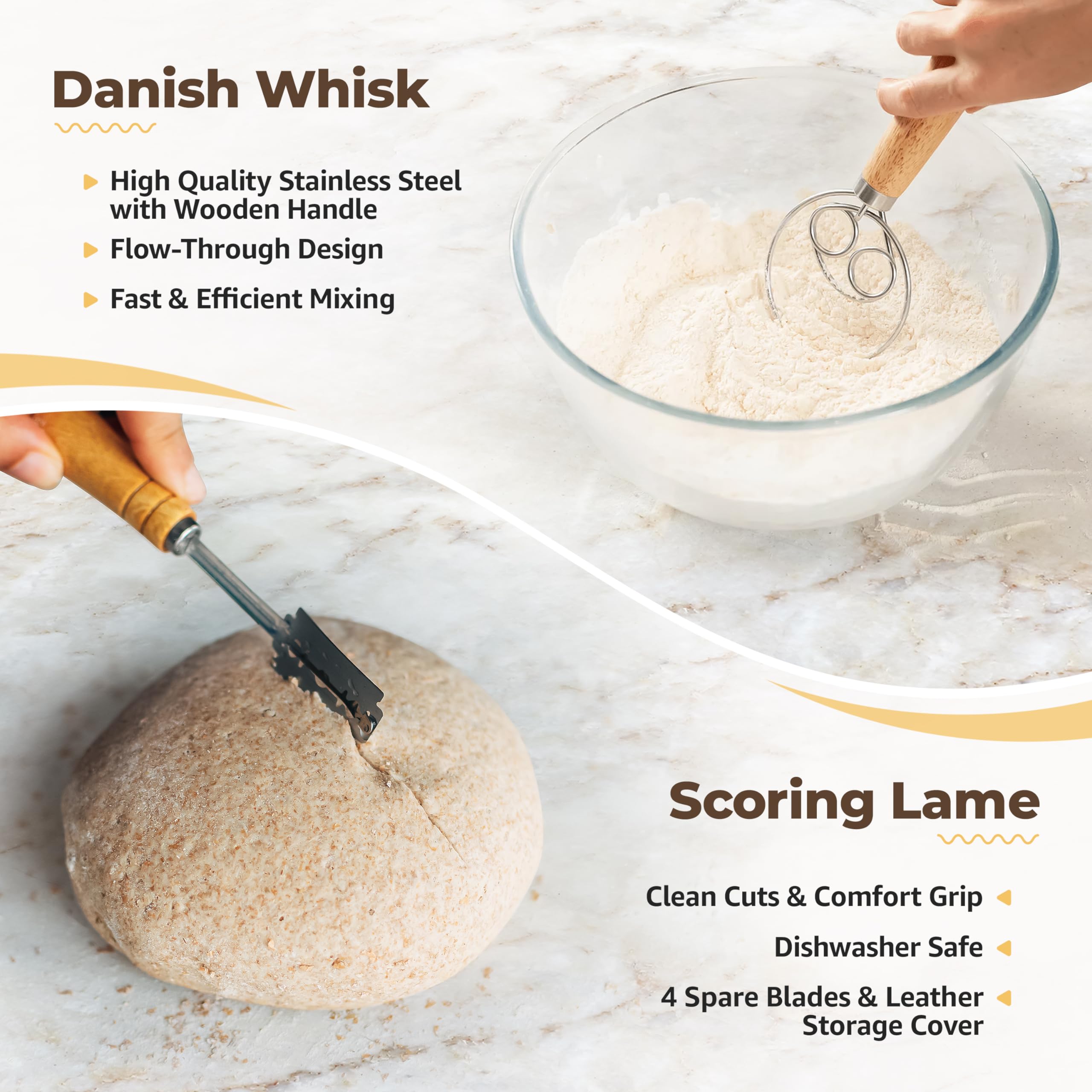 Ecomerr 9'' Banneton Bread Proofing Basket Set Of 2 - Round & Oval Rattan, Sourdough Starter Kit, Includes Lame, Dough Scrapers,