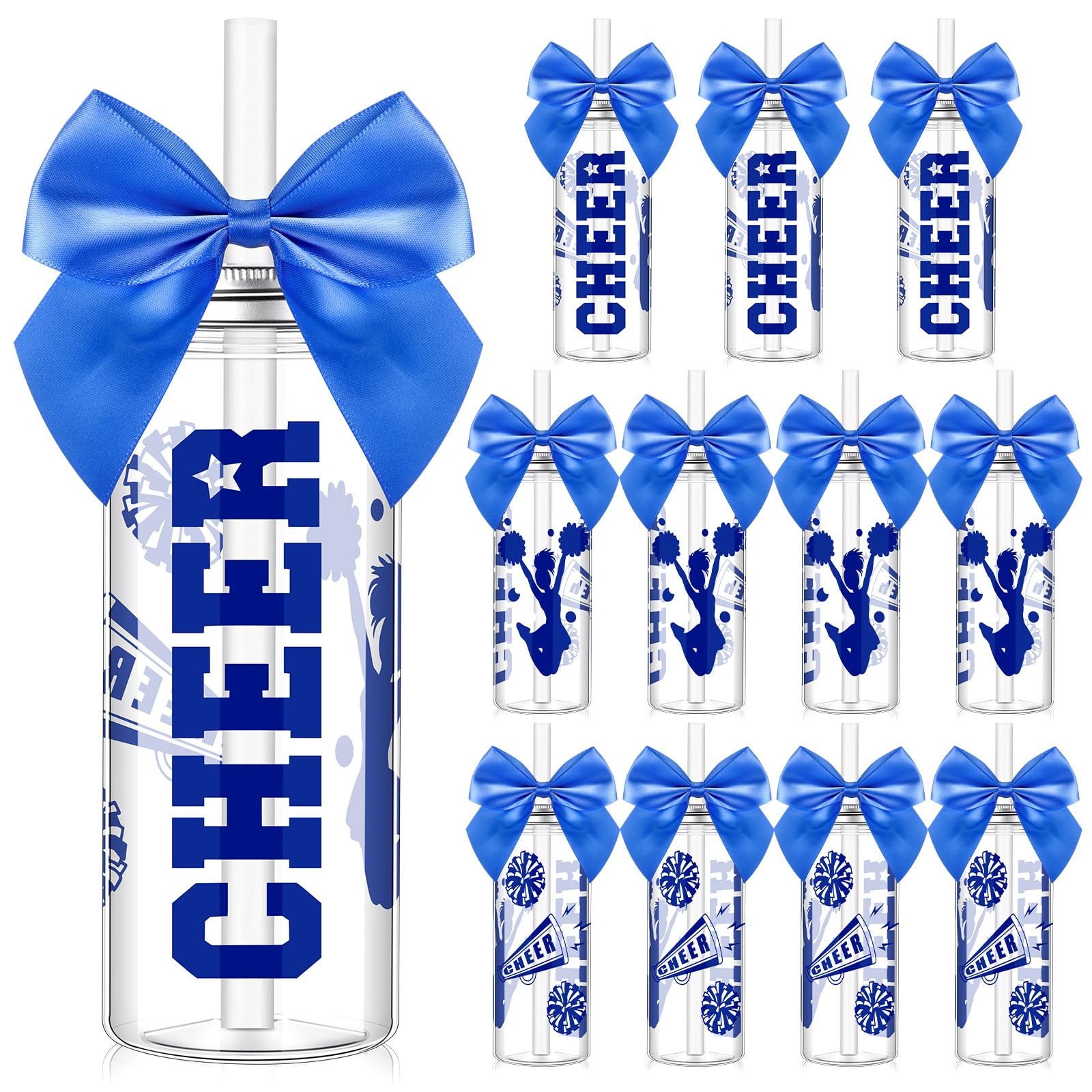 Teenyyou 12 Pcs Blue Cheerleader Gift Bulk for Team Cheer Cups 14 oz Bow Water Bottle Plastic Cheer Tumblers with Lid and Straw 