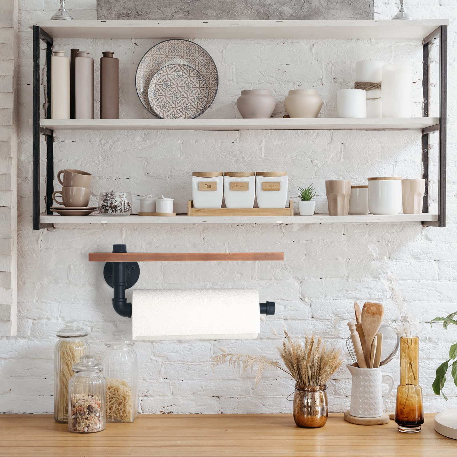 HouseAid Industrial Pipe Paper Towel Holder with Shelf  Rustic Farmhouse Paper Towel Rack for Bathroom  Kitchen  Wall Mounted  Matte Black