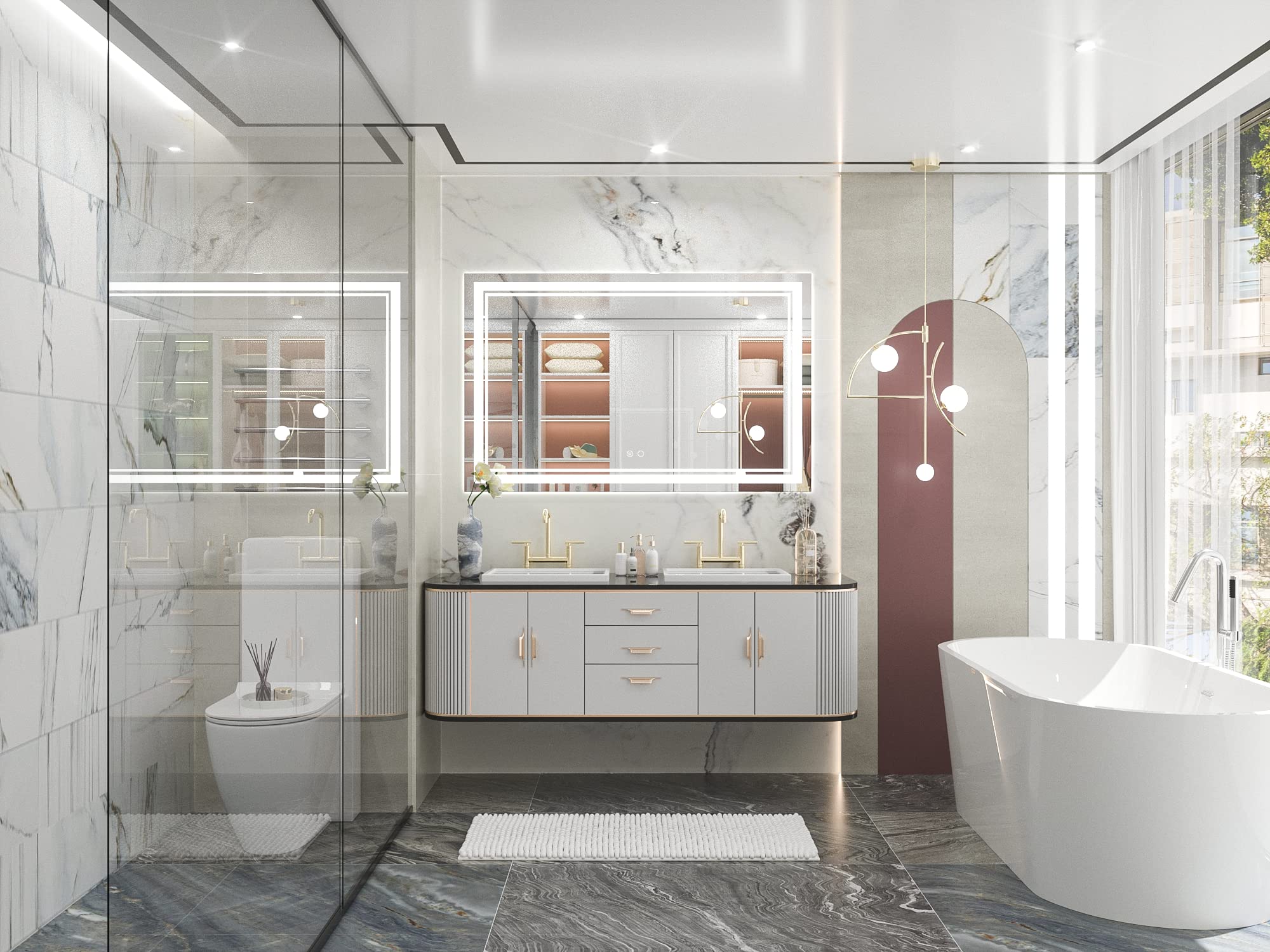 Keonjinn 48 x 30 Inch LED Mirror Lighted Bathroom Mirror with Lights  LED Vanity Mirror  Wall Mounted Anti-Fog Dimmable Front Light Makeup Mirror  IP54  CRI=90  6000K(Horizontal or Vertical)