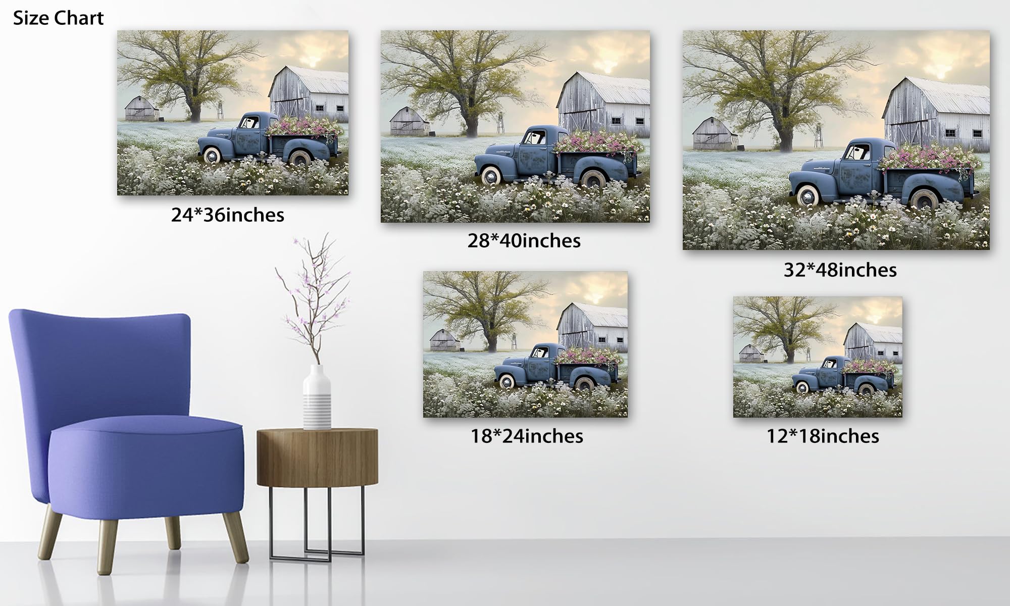 Farmhouse Old Truck Canvas Wall Art, Old Barn Pictures Wall Art, Country Antique Pickup Truck Canvas Prints, Blue Truck With Whi