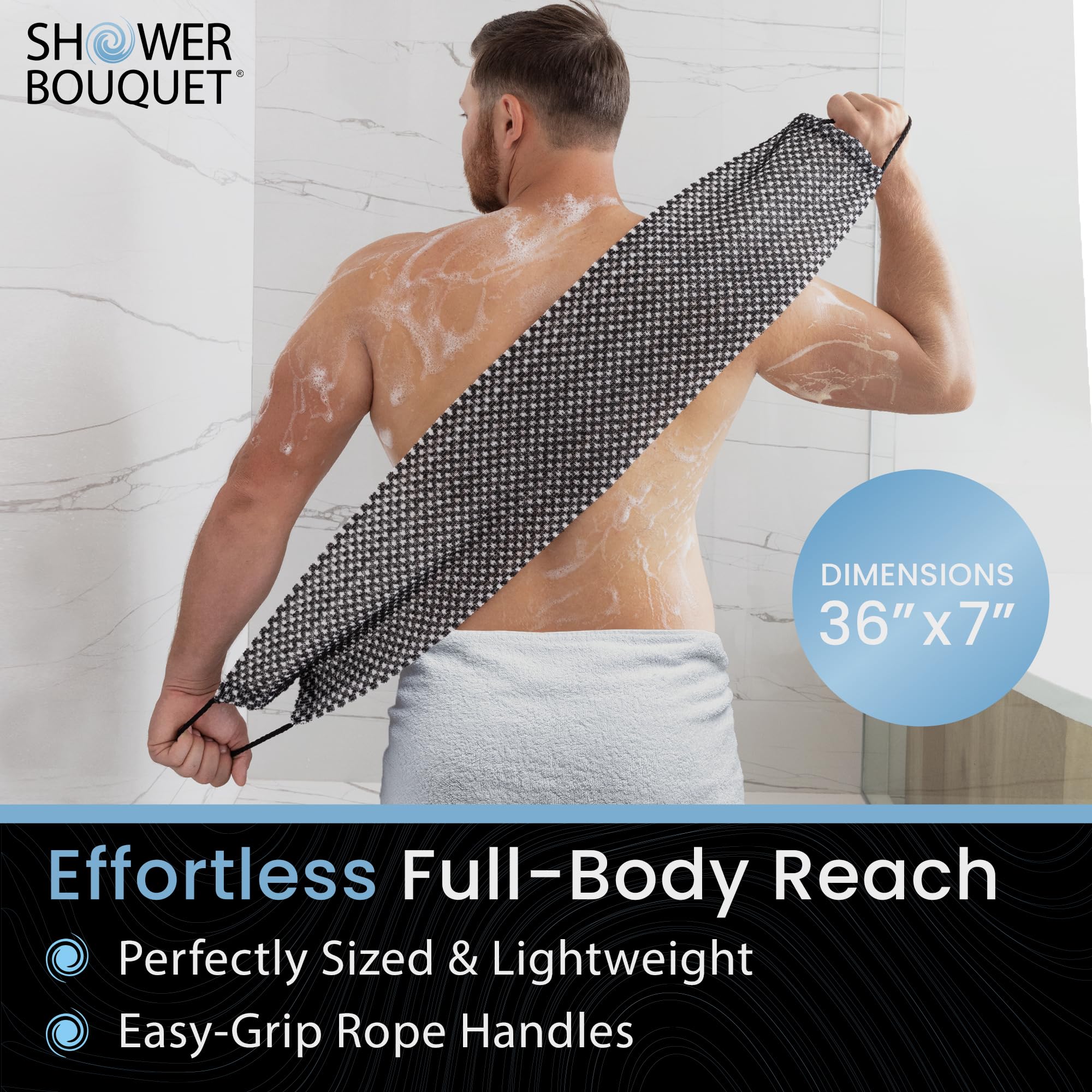 Japanese Exfoliating Washcloth For Back & Body 2-Pack - Charcoal & Silver Ion Exfoliating Towel With Handles - Two-Sided Gentle