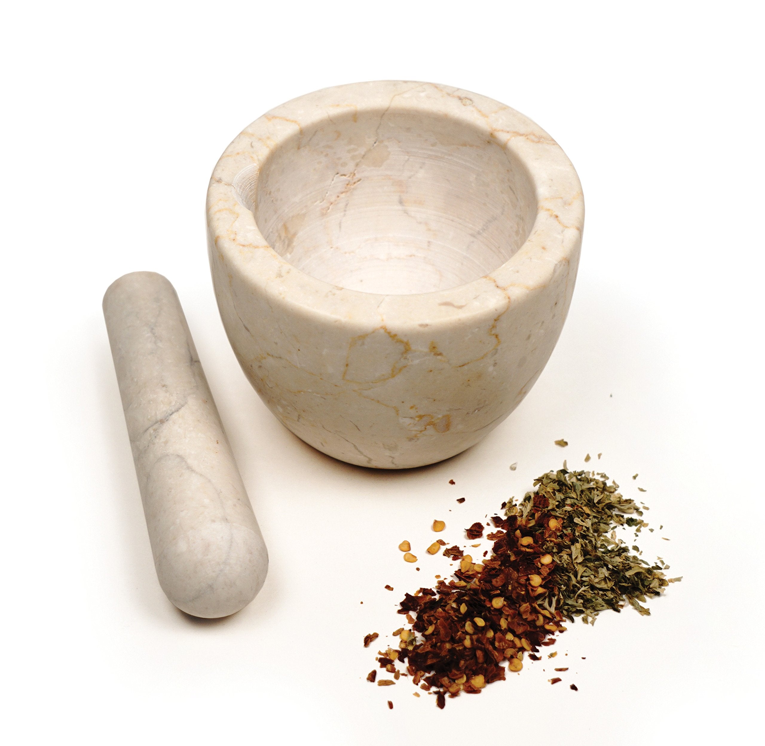 Rsvp International Beige Marble Mortar & Pestle, 3 Ounce | Grind Spices, Powder Pesto, Mash Herbs, Crush Pills | Unique Marble D
