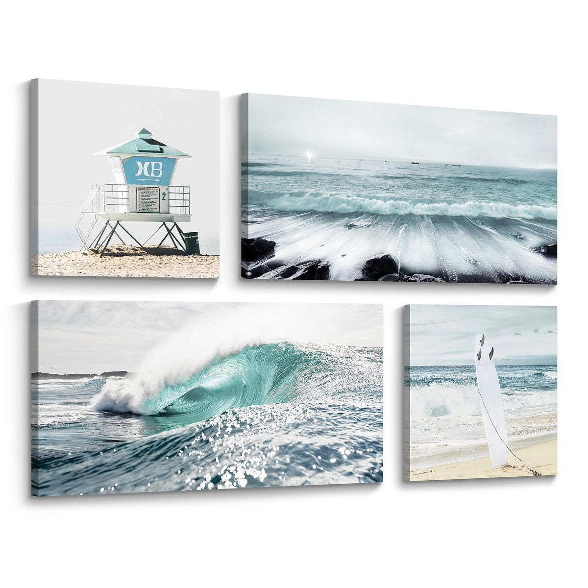 Summer Melody Surf Ocean Canvas Wall Art: 4 Pieces Bedroom Beach Surfboard Pictures Blue Sea Wave Seaside Scenery Painting Tropi