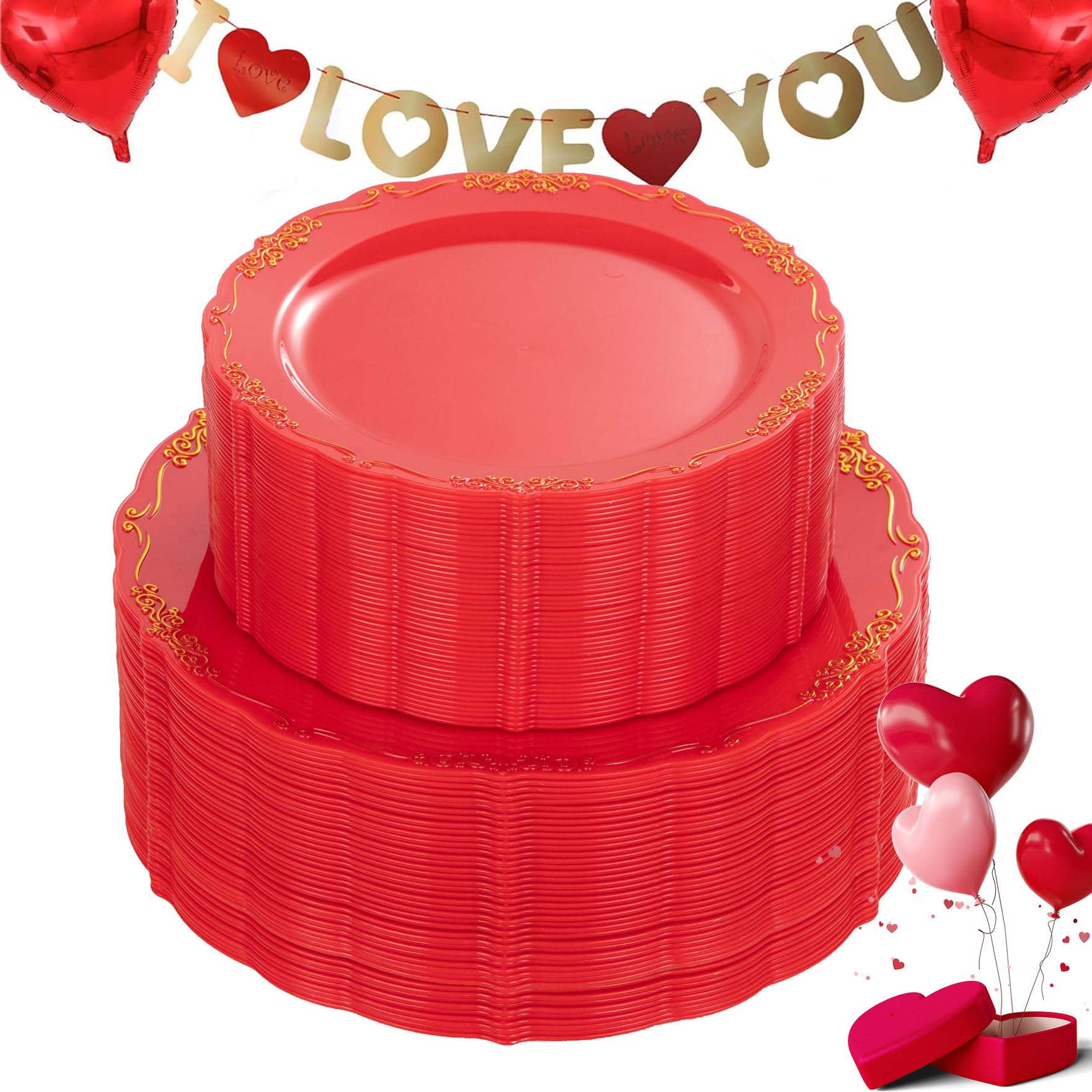 U-Qe 100Pcs Red Plastic Plates - Heavy Duty Red Valentines Plates Disposable With Gold Rim - Include 50Pcs 9Inch Red Dinner Plat