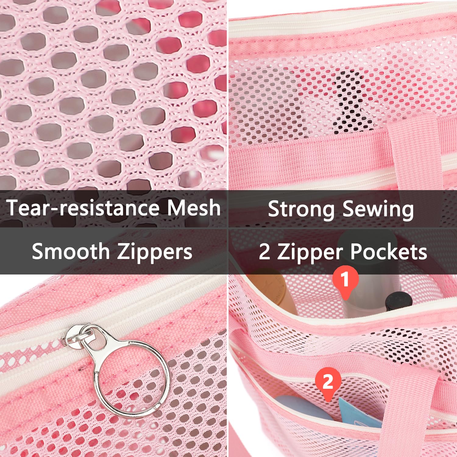 Fammart Mesh Shower Caddy Portable With Zipper & 2 Pockets - Quick Dry Shower Caddy Hanging For Travel Gym Camp Beach - Shower O