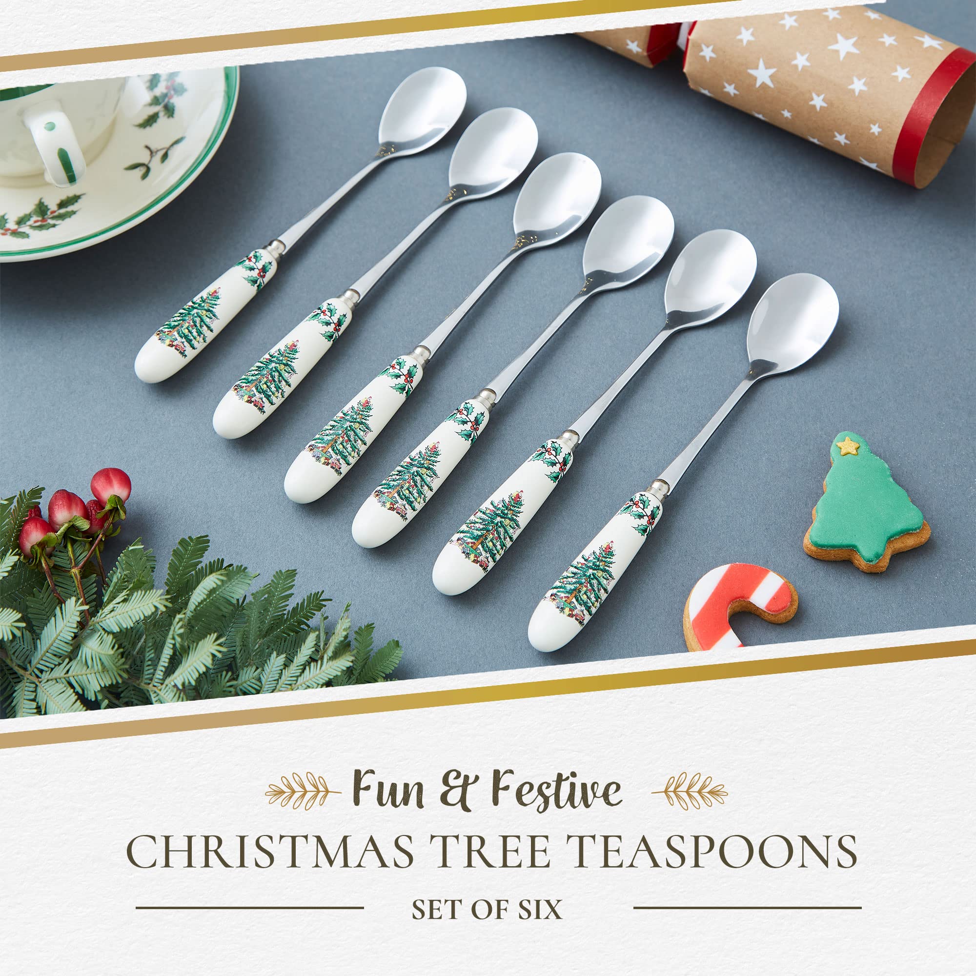Portmeirion Christmas Tree Collection Teaspoons, Set Of 6, Holiday Silverware, Dessert Spoons, Flatware, Made Of Porcelain And S