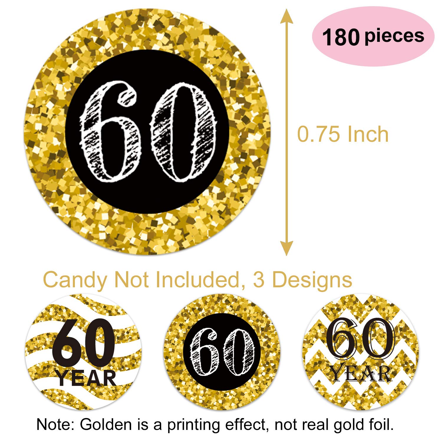 180 Pack 60Th Birthday Party Favor Labels, Chocolate Drops Labels Stickers For 60Th Birthday Or Anniversary, Black And Gold 60Th