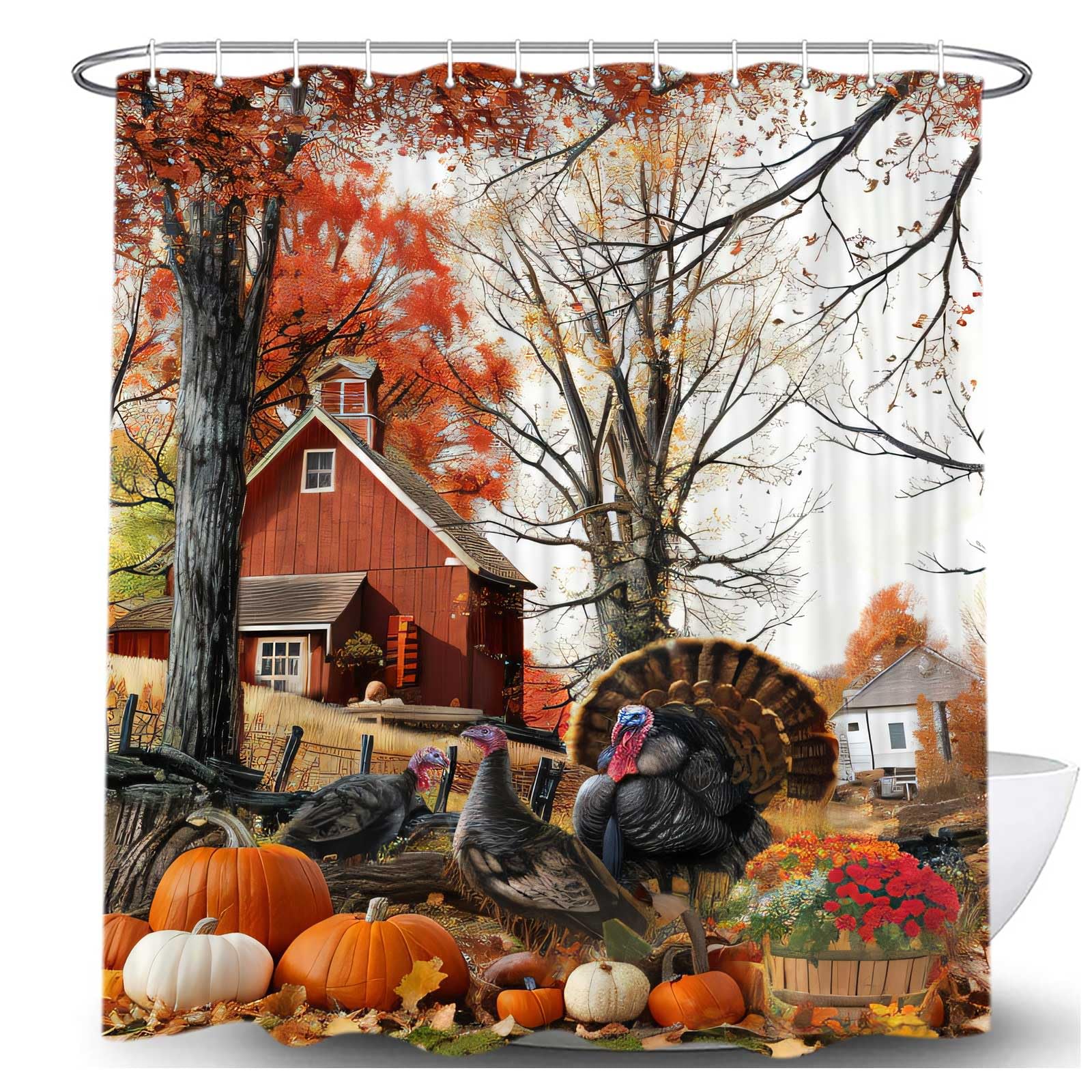 Thanksgiving Day Fall Shower Curtain For Bathroom, Rustic Autumn Farm Turkey Pumpkins Harvest Fabric Shower Curtains Set, Cute V