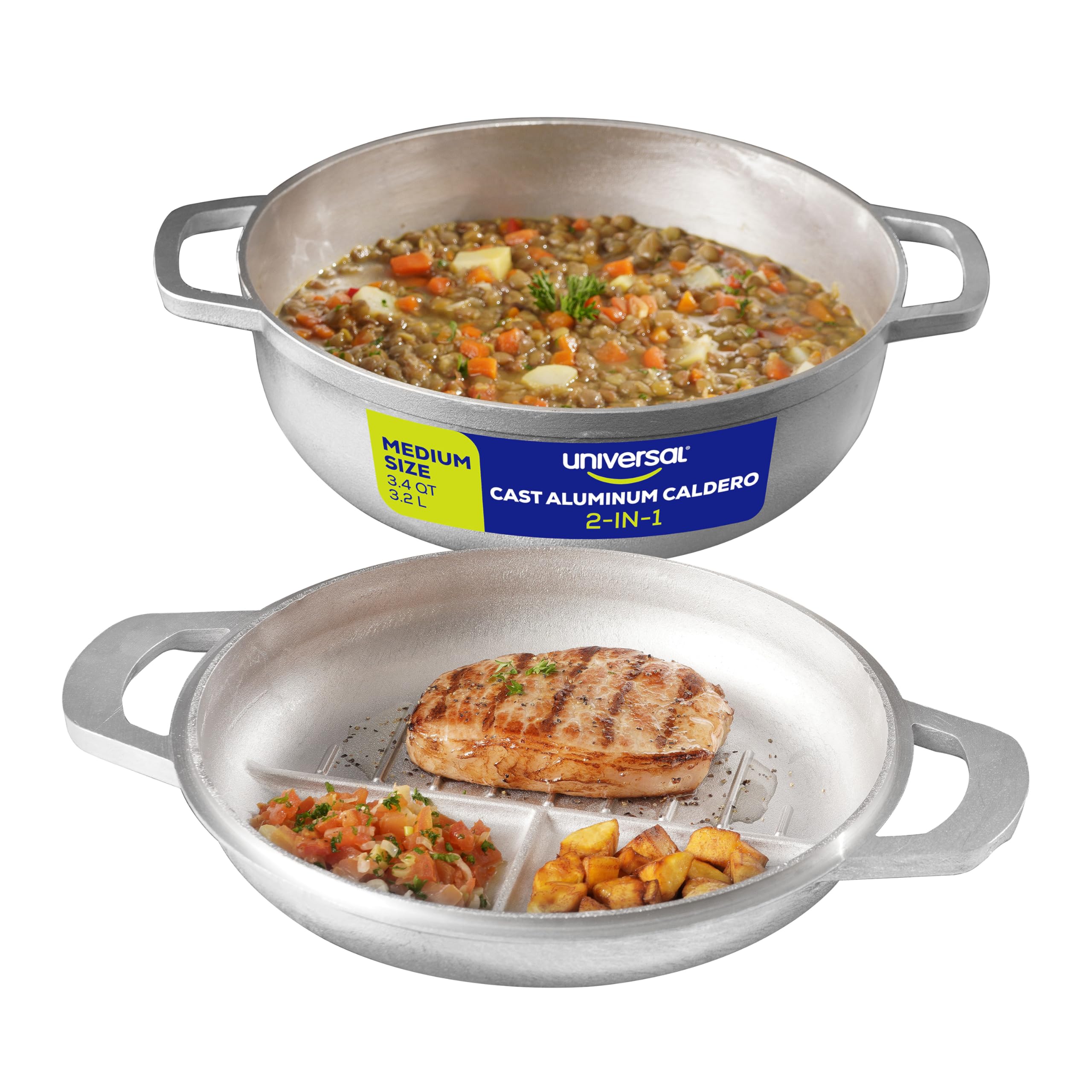 Universal 2in1 Caldero Pot with Cooking Lid, (3.4 QT  24 Servings) Cast Aluminum Construction, Dual Cooking Surface for Sear
