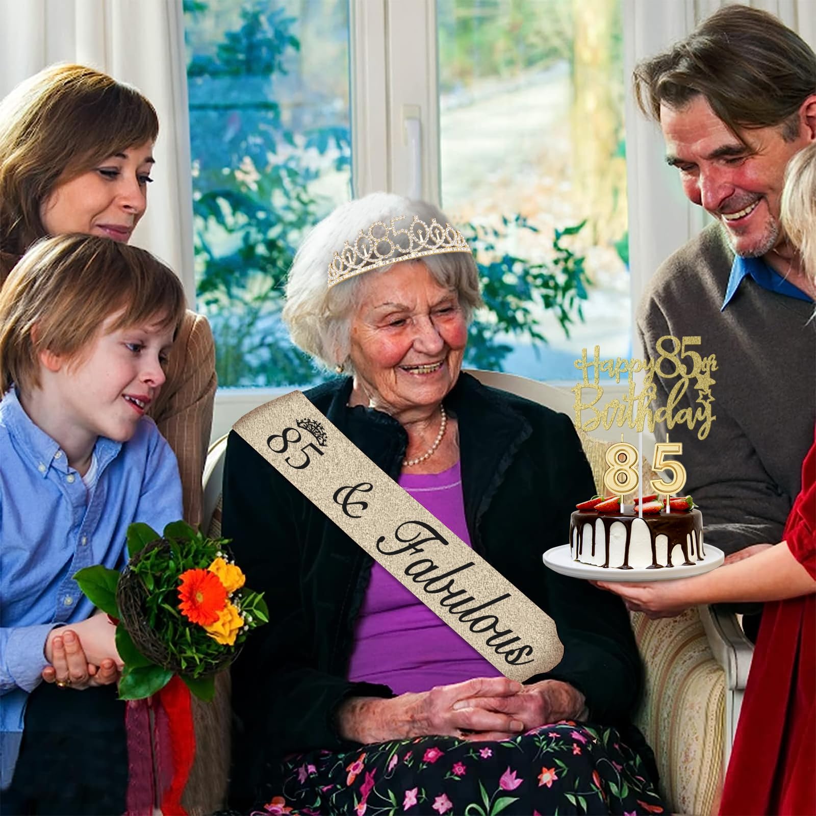 85Th Birthday Decorations For Women Gold With 85Th Birthday Sash And Tiara, 85Th Birthday Cake Topper And Birthday 85 Candles, B