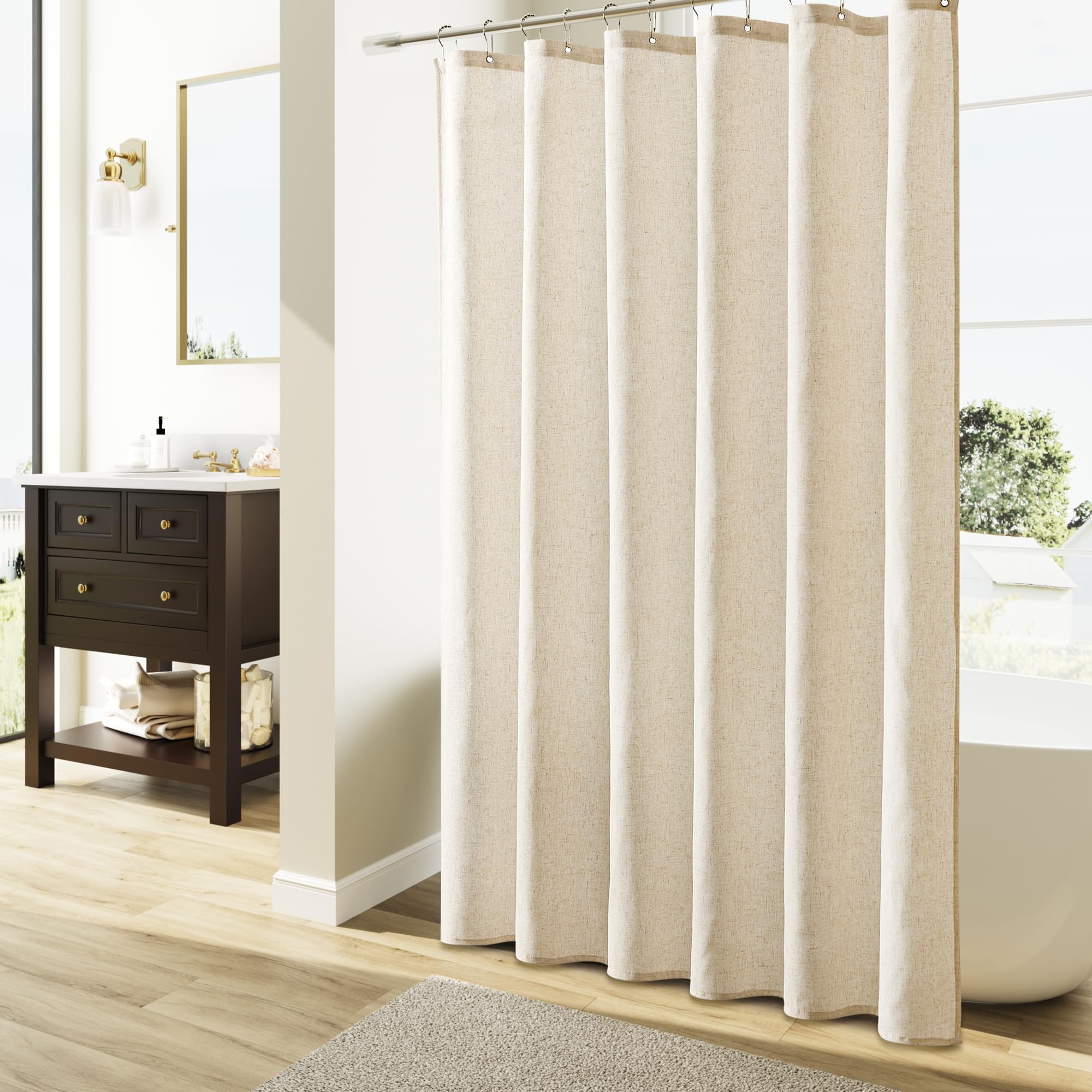Naturoom Extra Long Linen Shower Curtain 96 Length,Natural Linen Country Boho Farmhouse Shower Curtains For Bathroom Heavy Duty