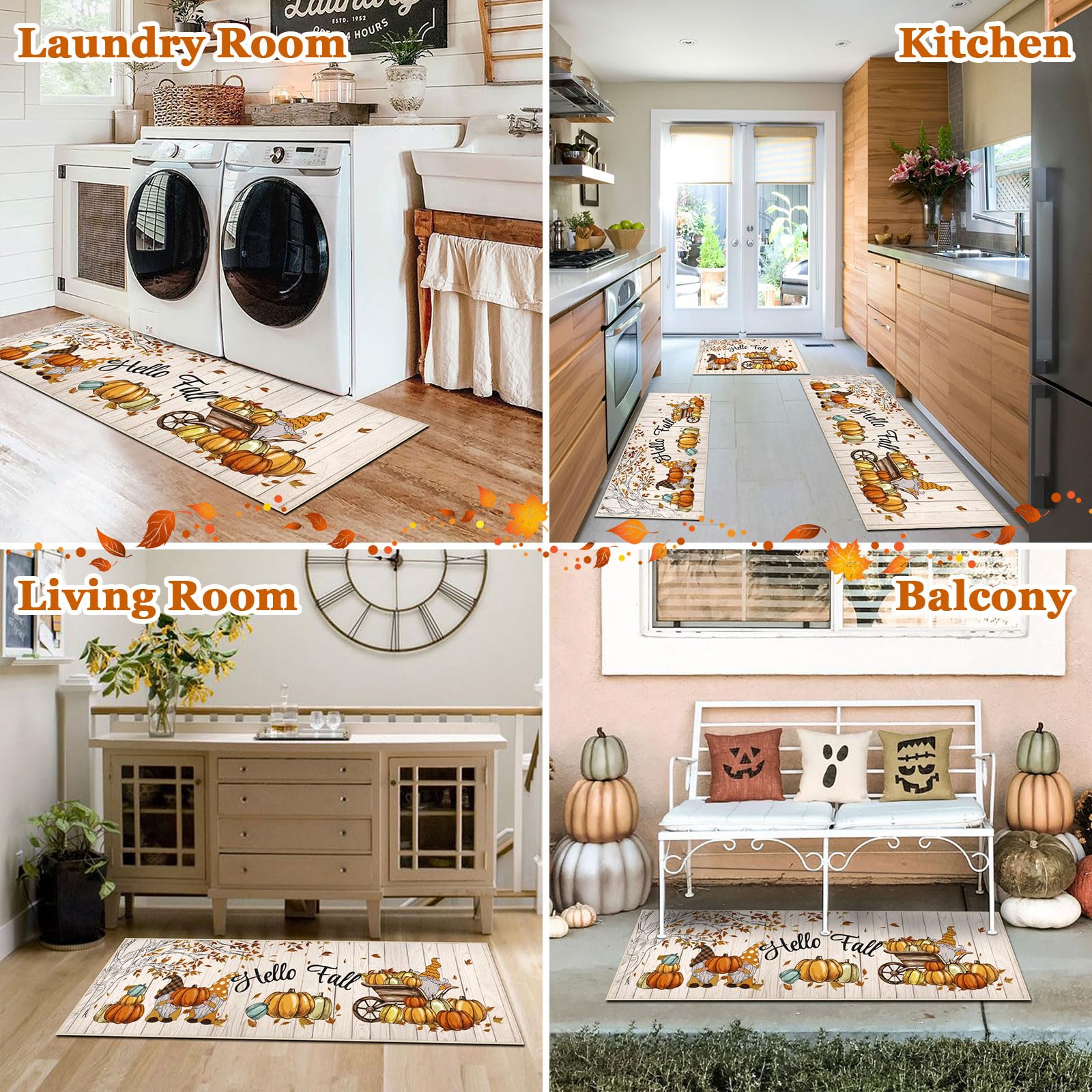 U Artlines Fall Kitchen Rugs with Runner Sets 3 Piece Farmhouse Pumpkin Seasonal Harvest Holiday Party Rugs and Mats Non Skid W