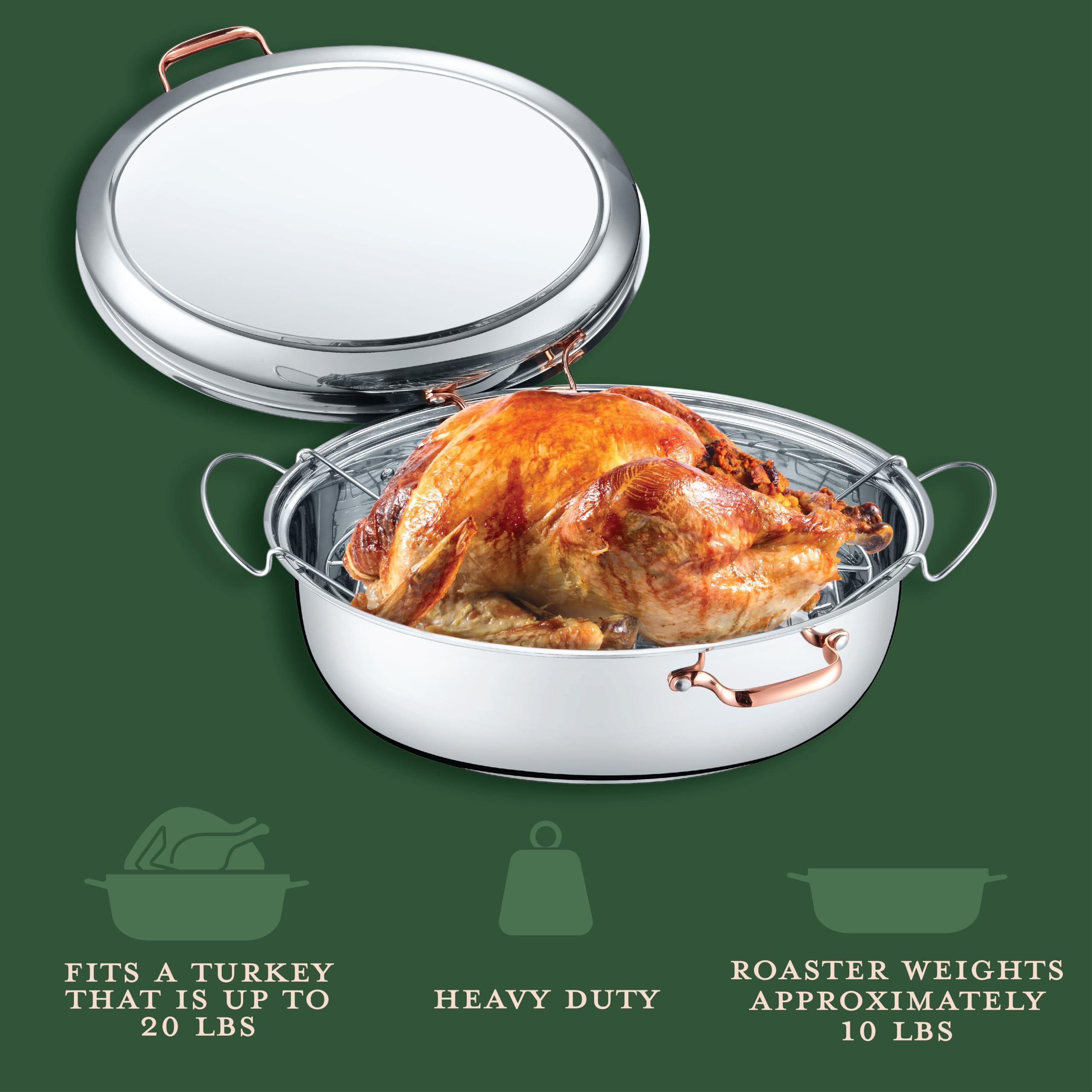 Concord Premium 12 Quart Stainless Steel Roasting Pan With Hangable Rack. Oval Turkey Roaster With Griddle Lid Multi-Use Cookwar