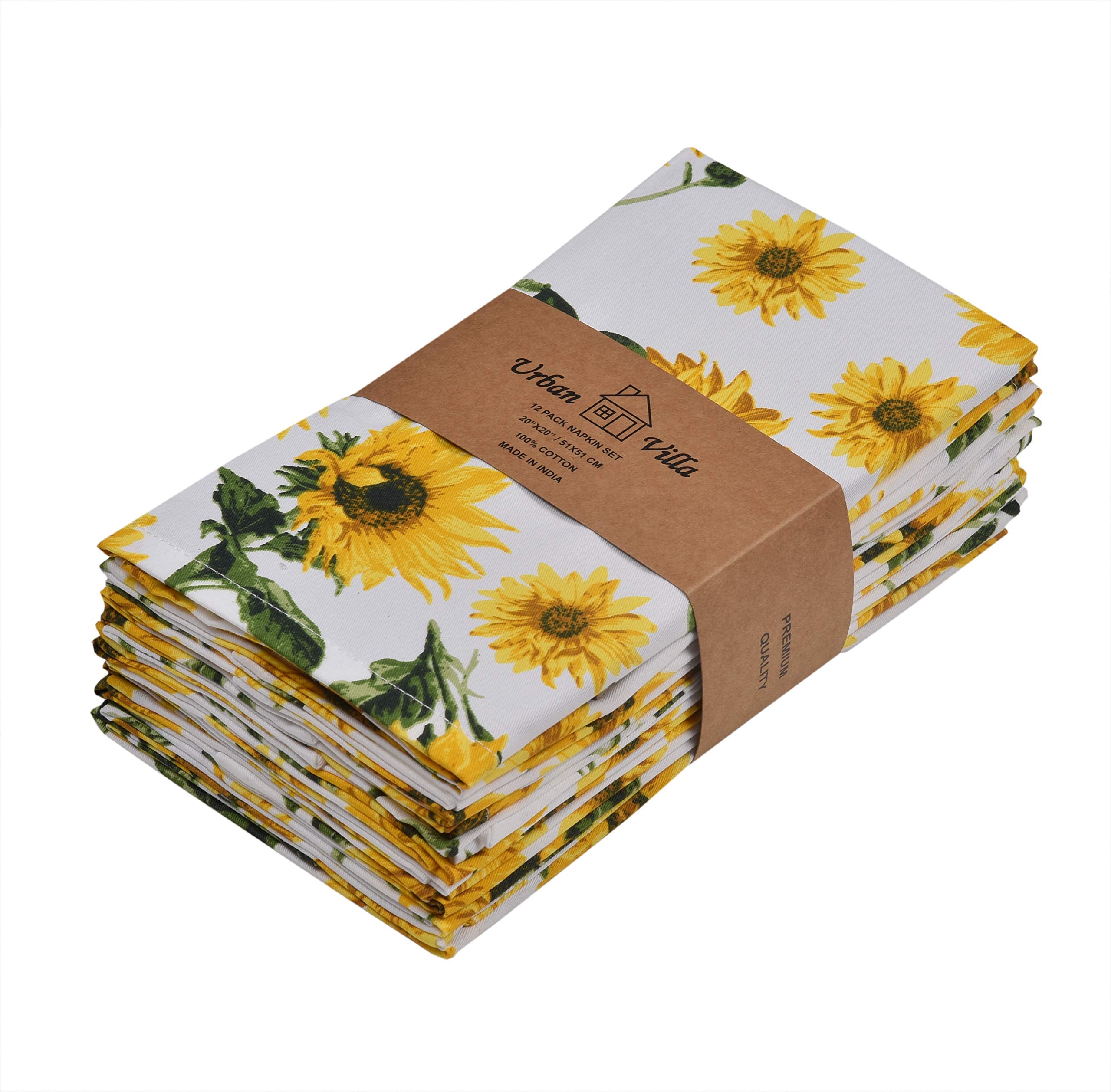 Urban Villa Dinner Napkins Sunflower Print Cloth Napkins (Set Of 12) Oversized 20X20 Inches 100% Cotton Premium Quality Soft Dur