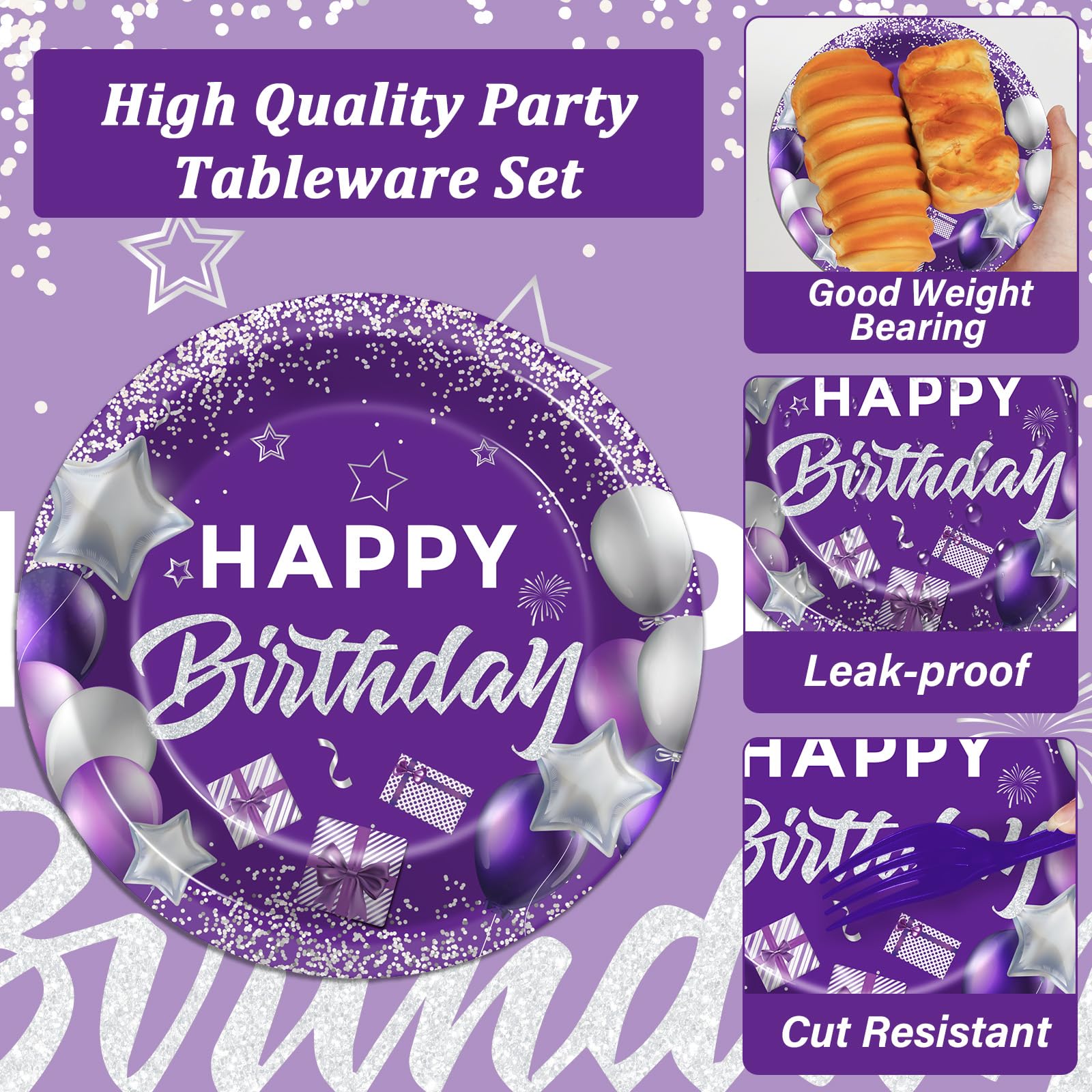 96 Pcs Purple Birthday Party Supplies Paper Plates Napkins Purple Silver Happy Birthday Tableware Set Dinner Dessert Table Decorations Favors for Women Girls Serves 24
