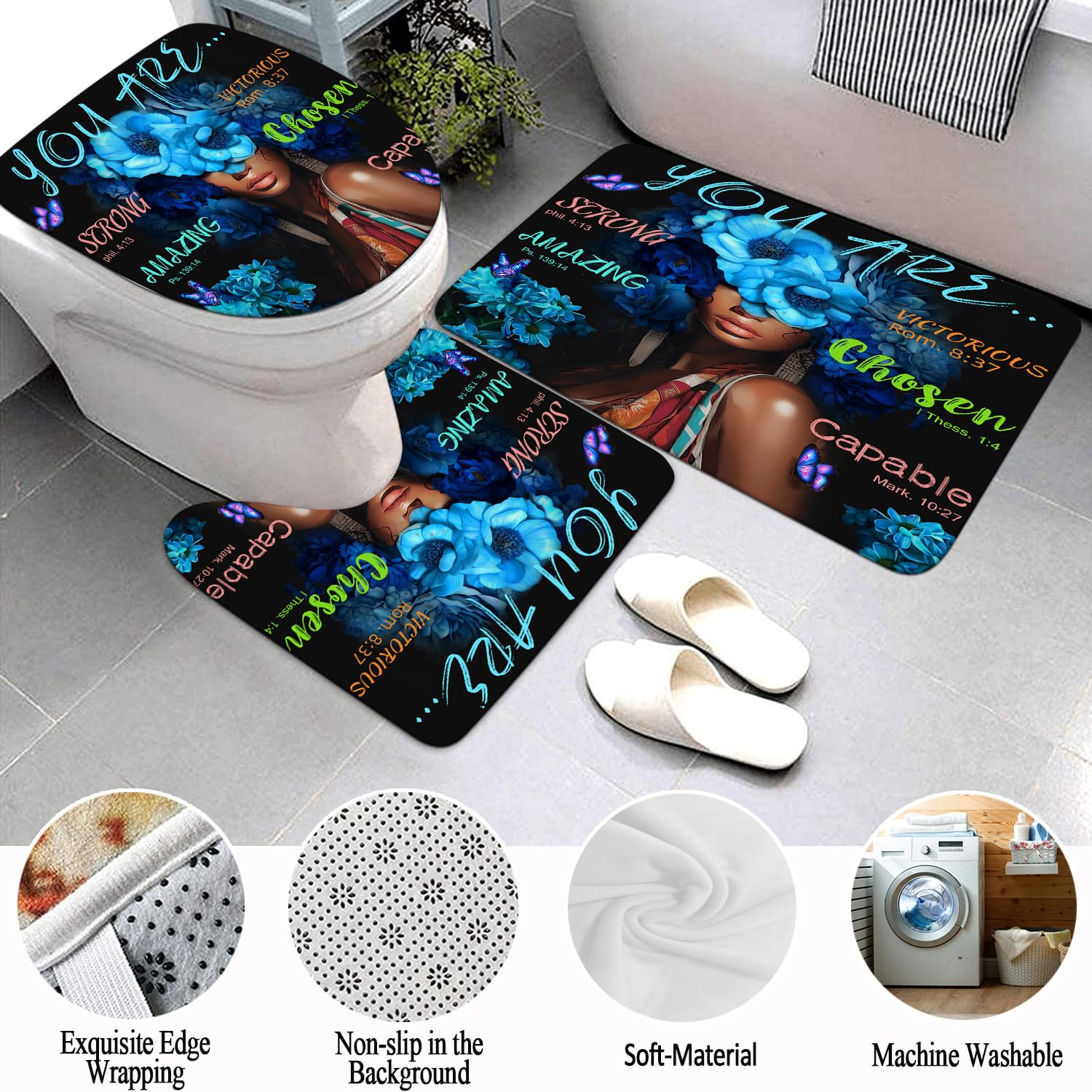 Black African Woman Shower Curtain Set With Flowers, Blue Art Words Bathroom Set With Shower Curtain And Rugs, Toilet Lid Cover,