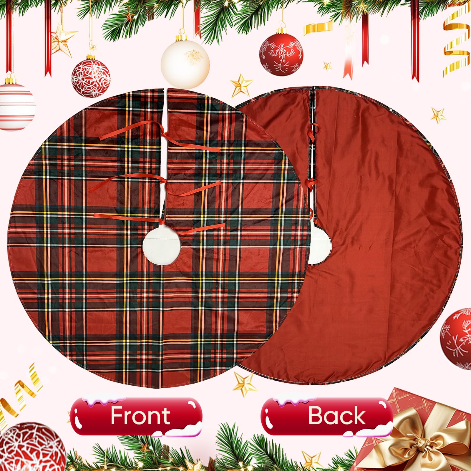Royal Stewart Tartan Christmas Tree Skirts - 48 Inch Scottish Red Plaid Printed Tree Skirt, Classic Holiday Decoration for 6-7.5