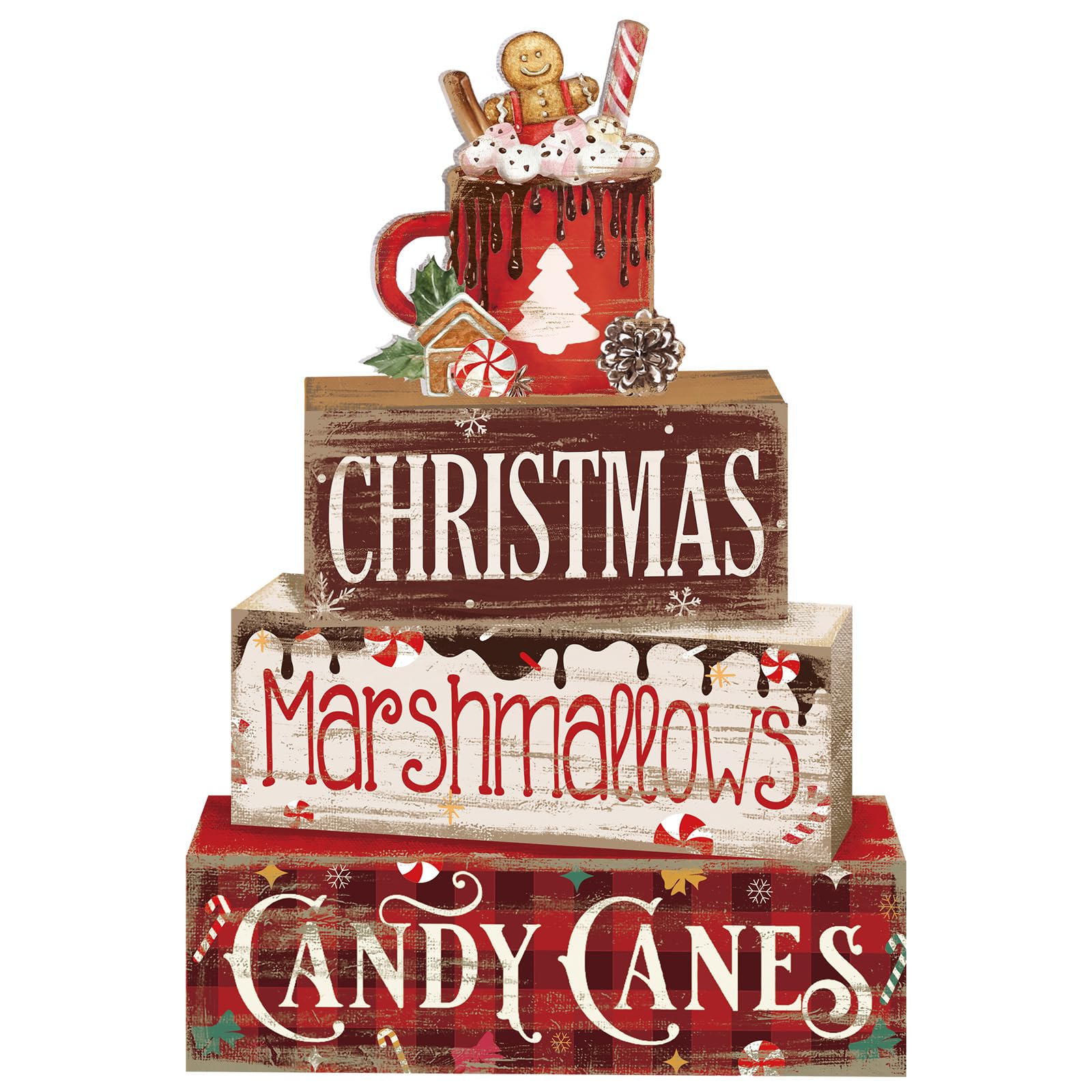 Moucuny 4 Pcs Christmas Hot Cocoa Table Decor Christmas Wooden Decorative Signage Hot Cocoa Tiered Tray Decor Xmas Centerpieces 