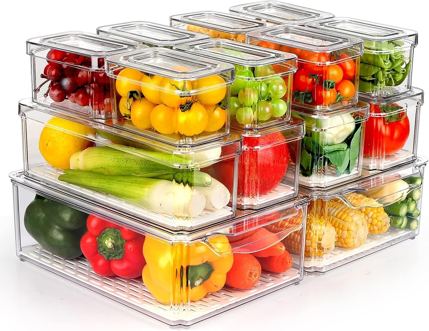 Kripics Plastic 14 Pack Fridge Organizer  Stackable BpaFree Refrigerator Bins With Lids For Fruits, Vegetables, Drinks, Cereal