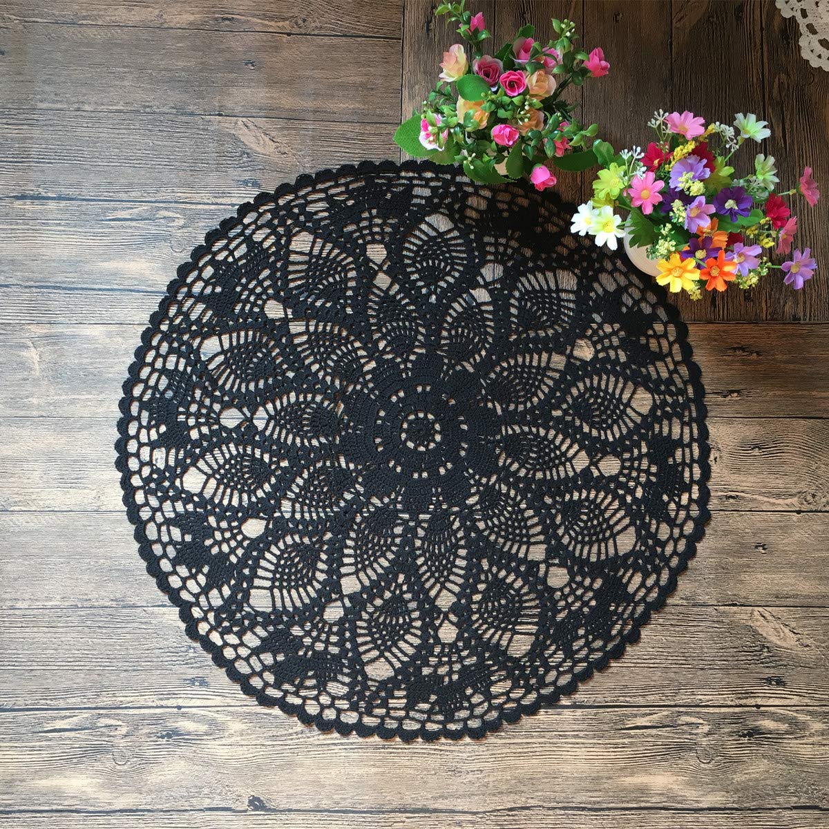 Mindplus Cotton Hand Crochet Doilies Lace Crocheted Table Cloth Doily 24 Inches Round Black