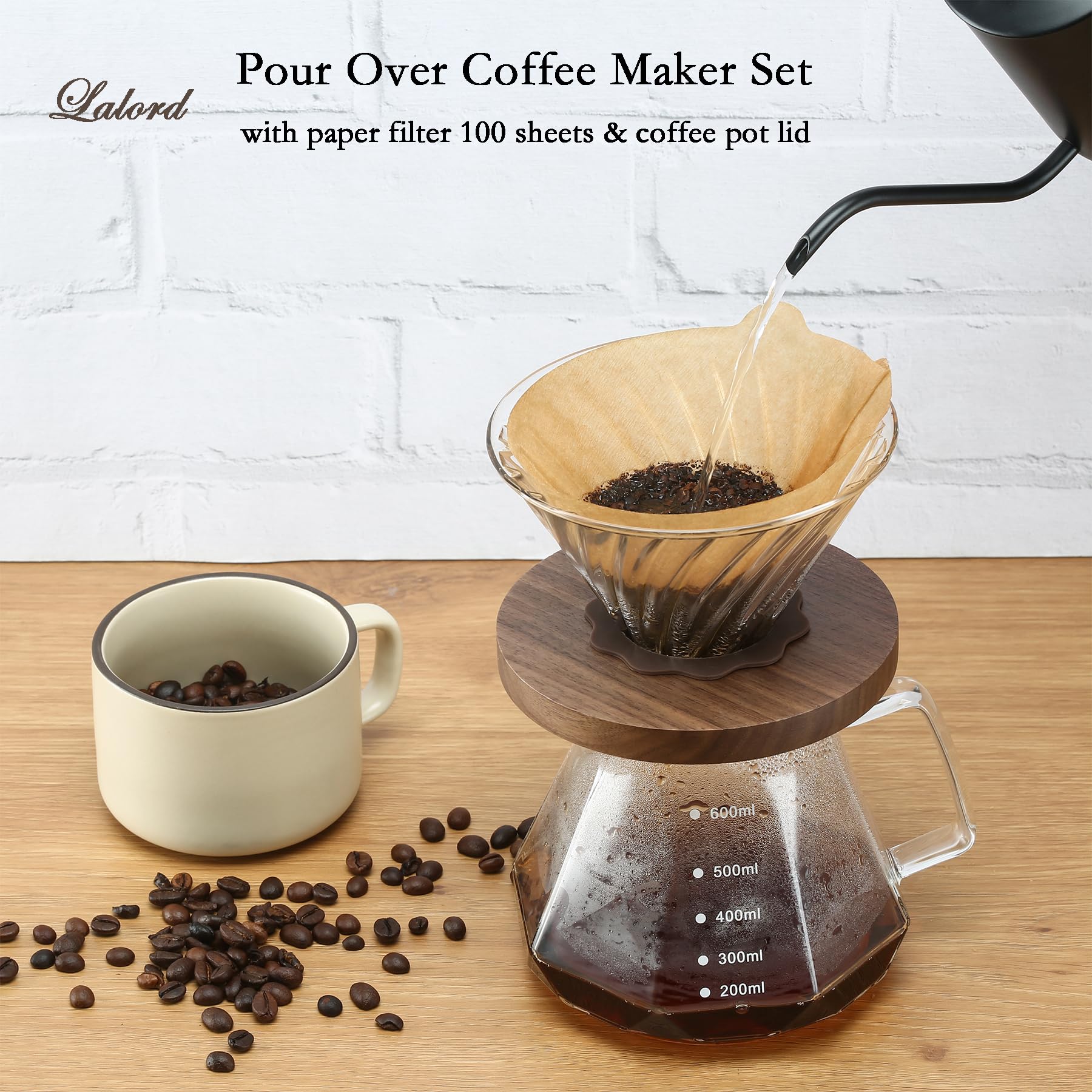 Lalord Pour Over Coffee Maker, 20 Oz Borosilicate Glass Carafe With 100 Pcs V60 Paper Filter, Walnut Handle & Glass Lid, Drip Co