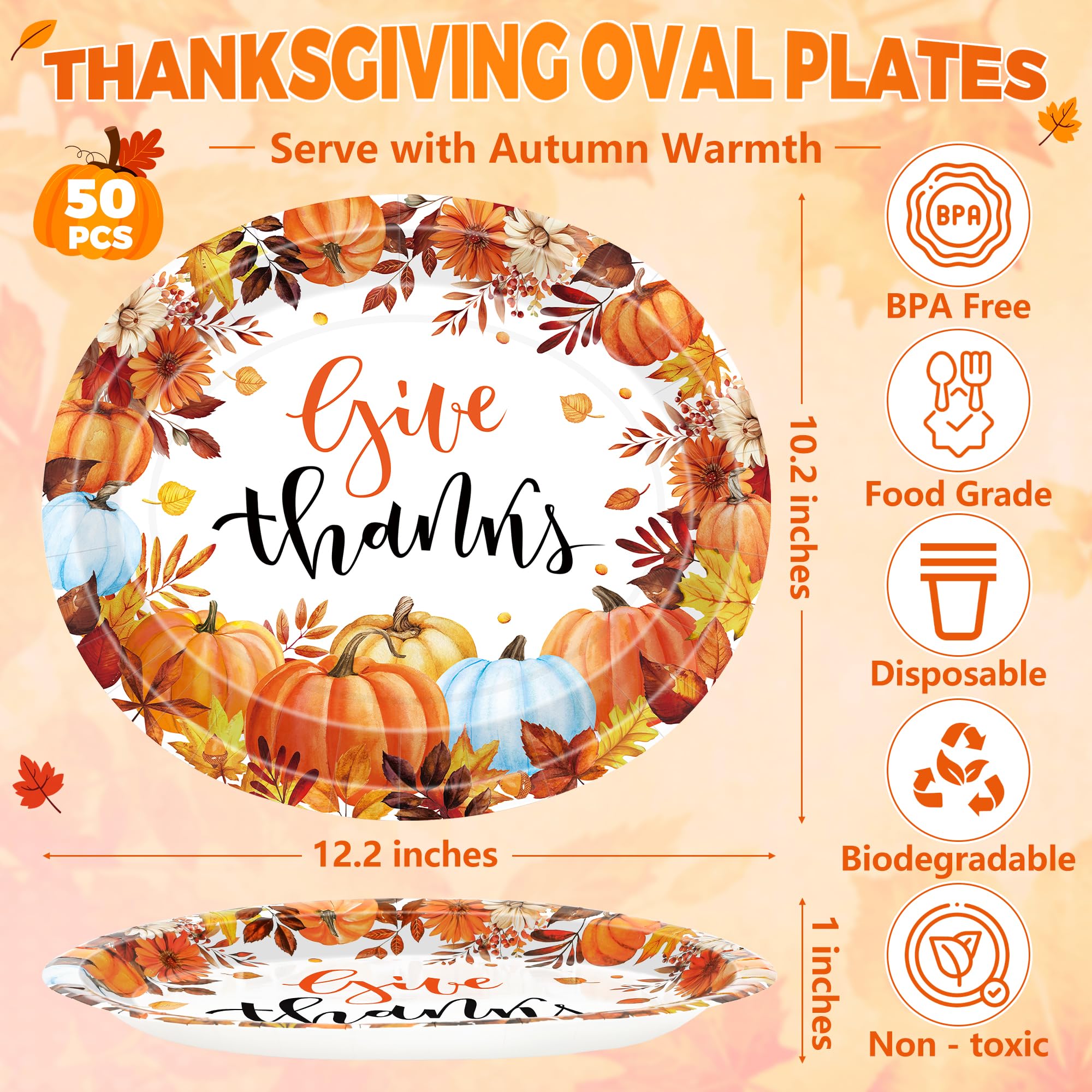 QZYL 50 Pcs Thanksgiving Paper Plates, 12.2 x 10.2 Inches Oval Paper Plates, Large Give Thanks Autumn Dinnerware, Pumpkin Dispos