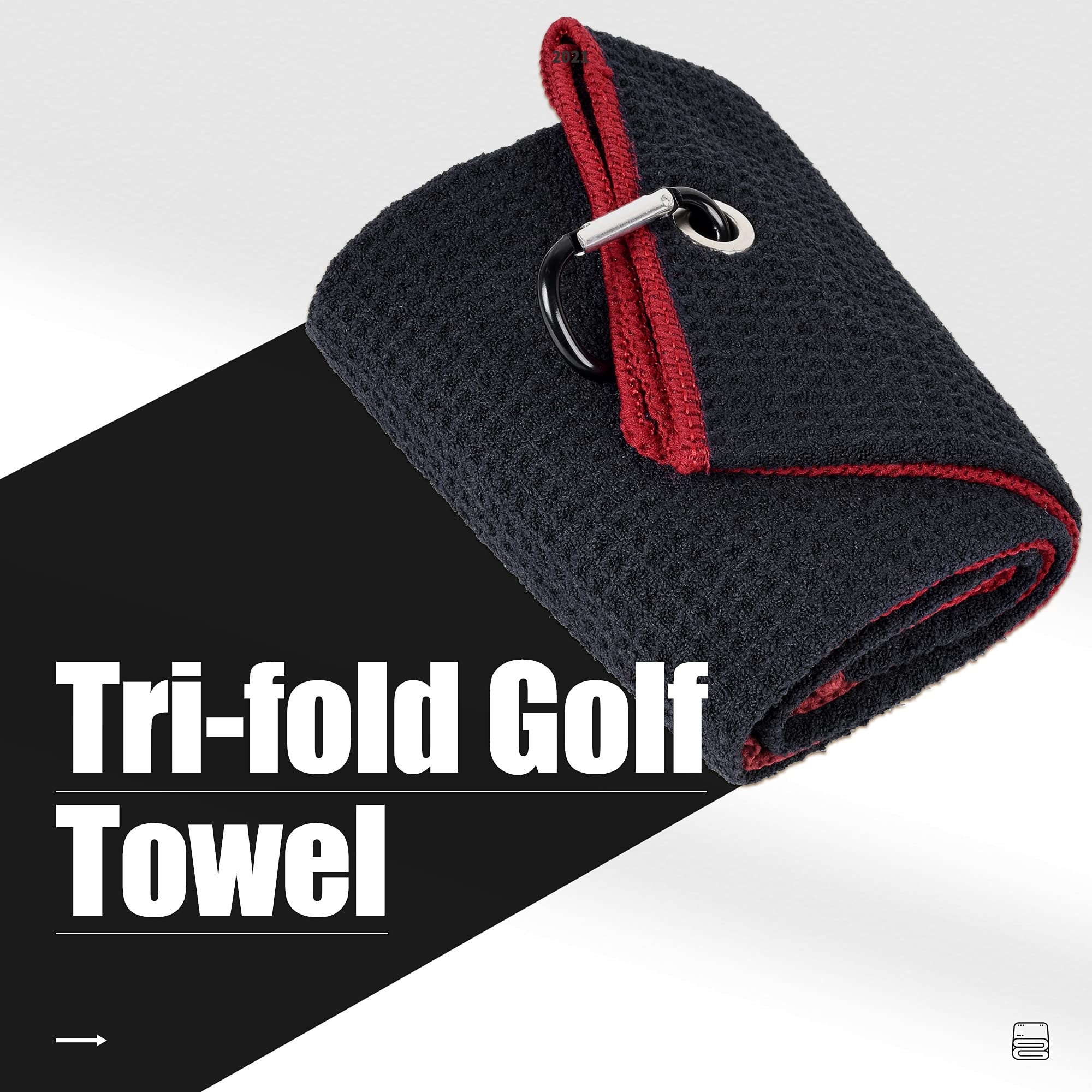 Mile High Life Tri-Fold Golf Towel | Premium Microfiber Fabric | Waffle Pattern | Heavy Duty Carabiner Clip (Black/Red)
