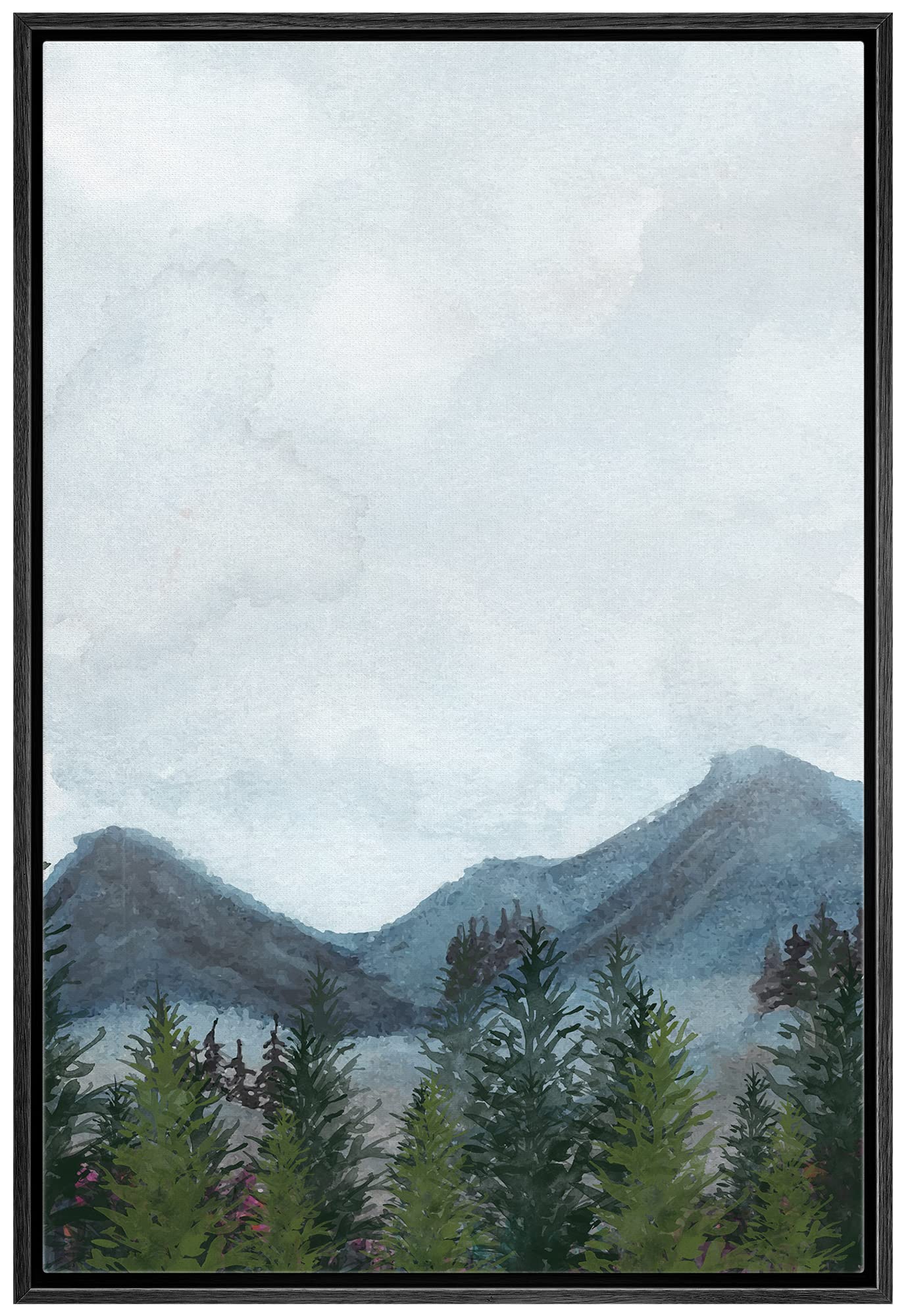 Signwin Framed Canvas Print Wall Art Woodland Nursery Decor Blue & Green Watercolor Mountain Forest Floral Nature Illustrations