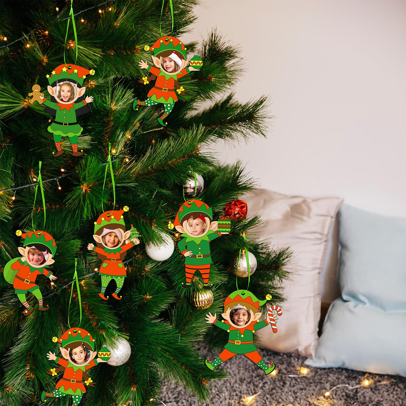 18PCS Christmas Elf Wooden Picture Frame Ornaments - Xmas DIY Photo Hanging Decorations Tree Stocking Decor