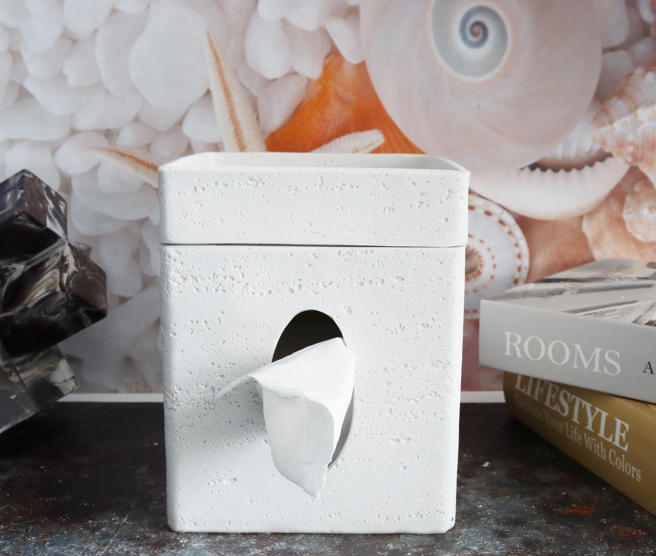 Hymmah White Square Tissue Box Cover Kleenex Box Holder With Tray,Unique Cube Design Kleenex Box Cover Decor For Vanity Counter