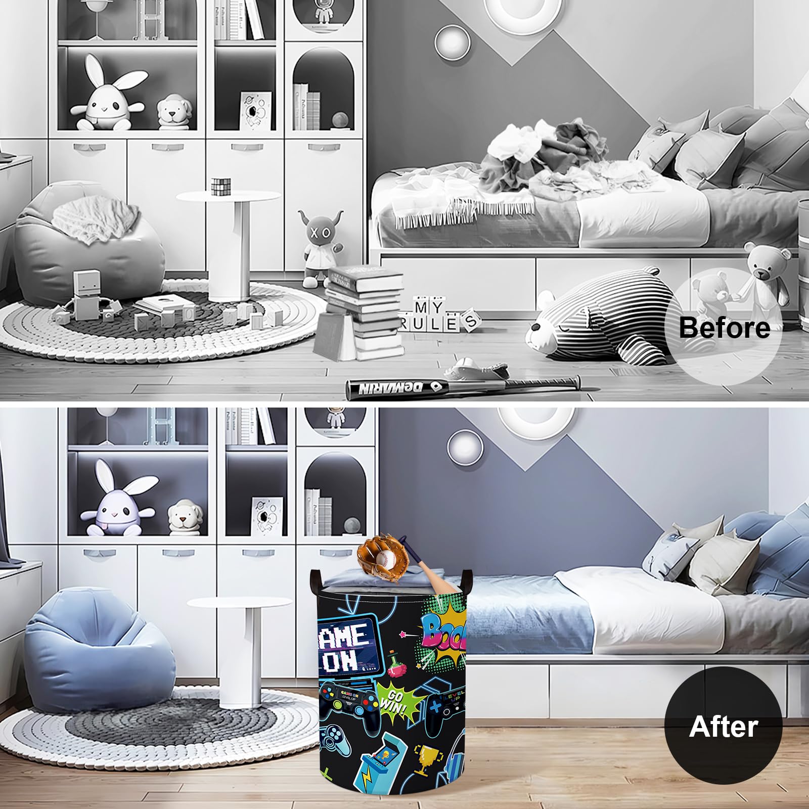 Clastyle Cool Game Storage Basket Kid Game Controller Clothes Laundry Hamper Collapsible Boy Toy Box For Nursery Palyroom,Black,