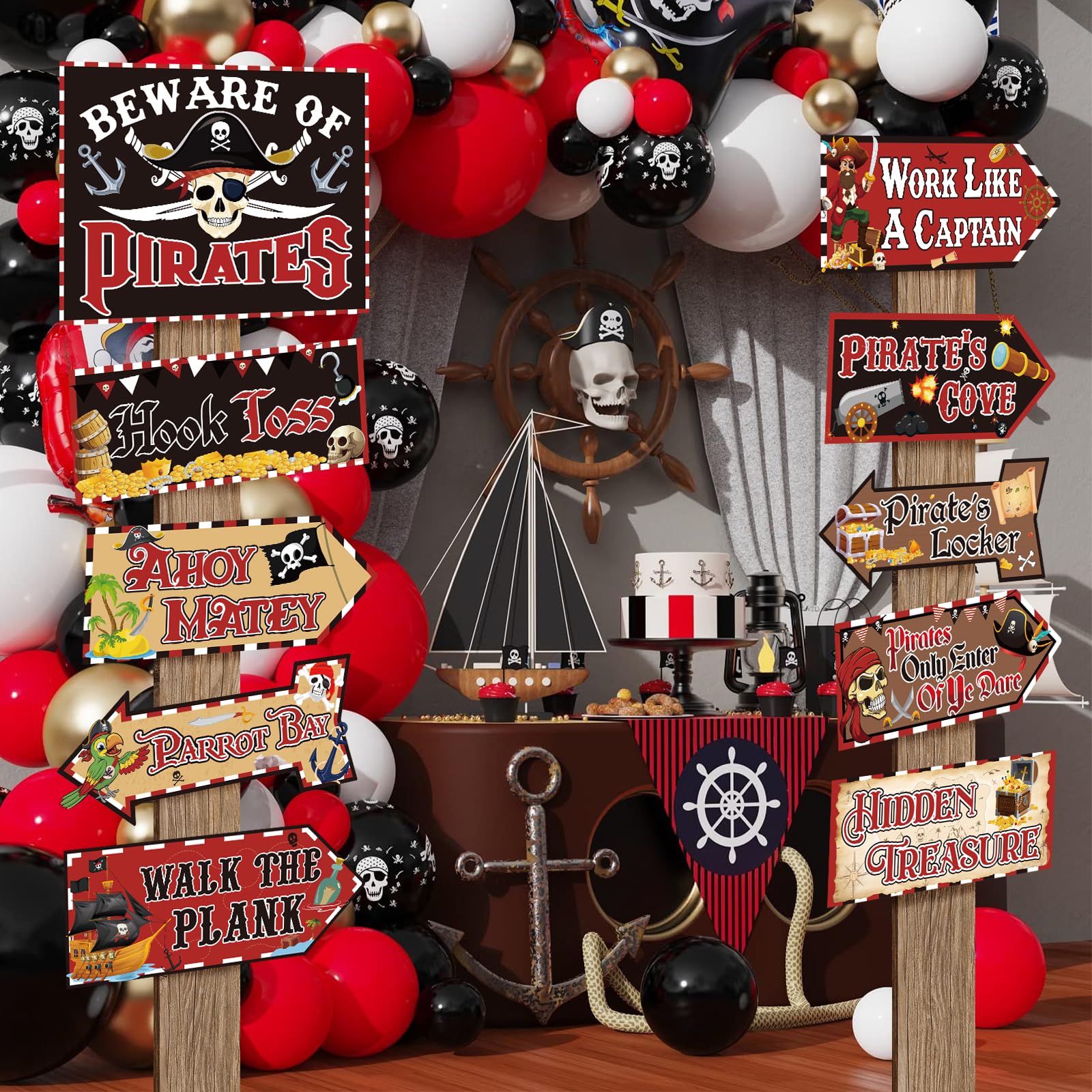 Hooqict 20 Pieces Pirate Party Decorations Sign Beware of Pirates Party Directional Signs Pirate Themed Birthday Party Banner Su