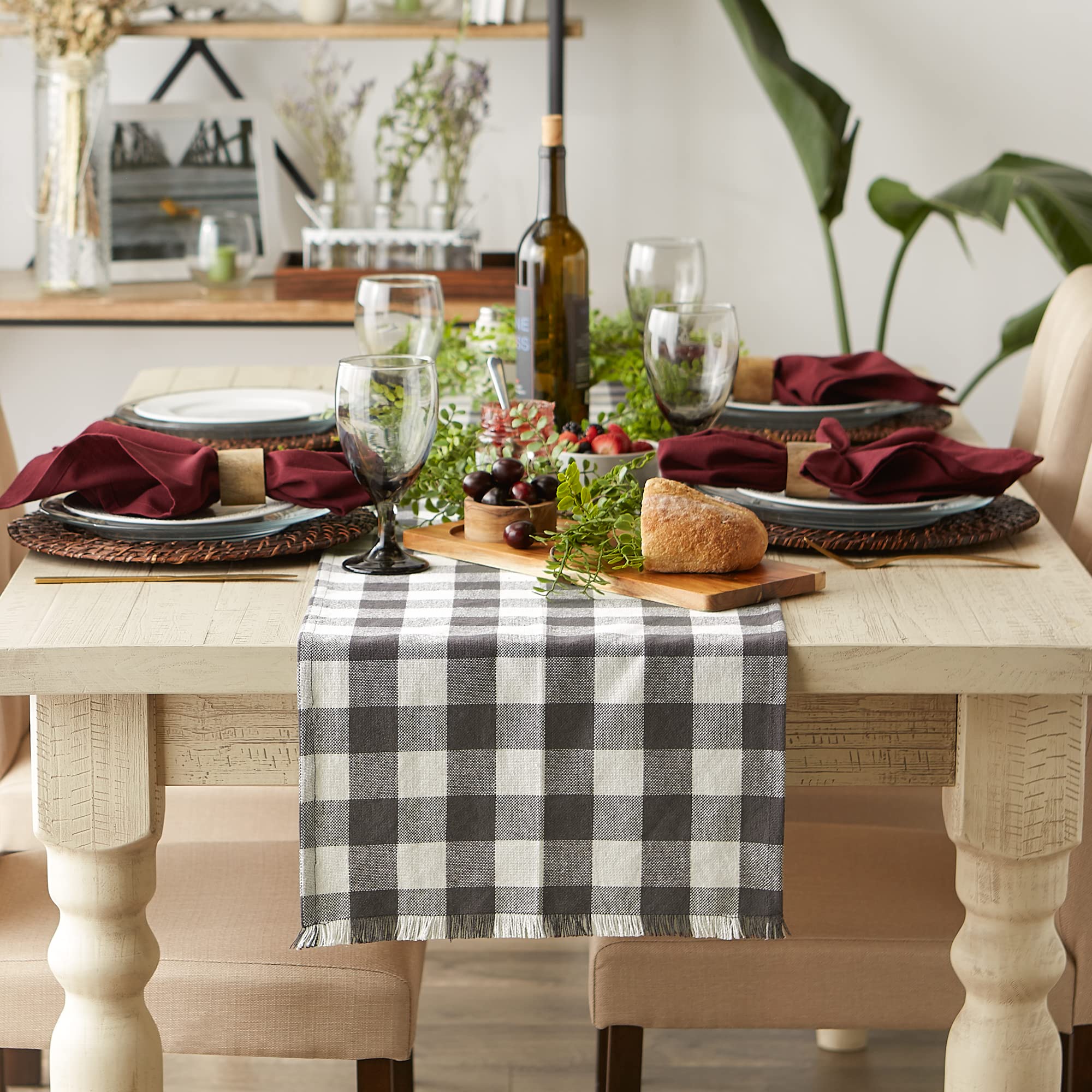 DII Heavyweight Fringed Check Tabletop Collection  Table Runner  14x72  Mineral