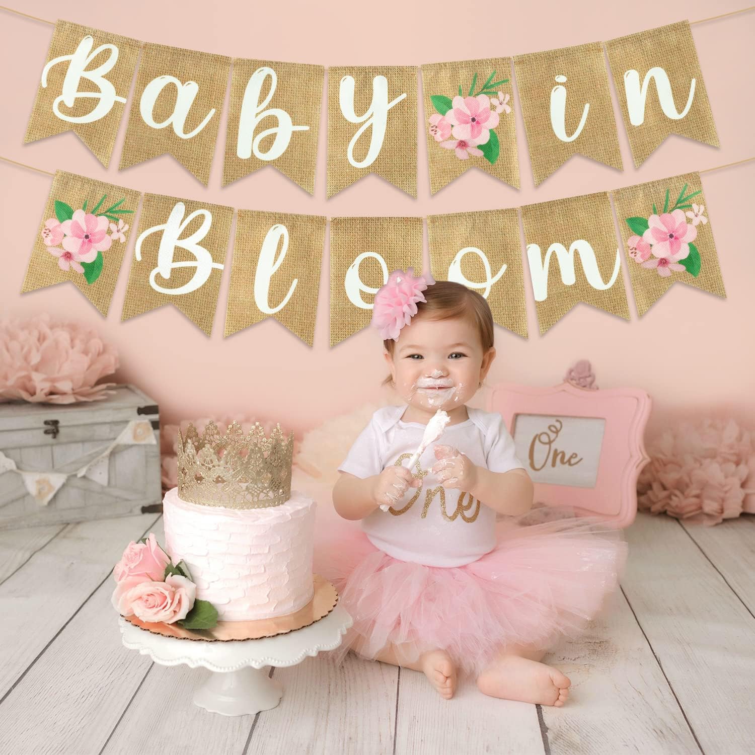Angolio 2Pcs Floral Baby In Bloom Baby Shower Burlap Banner Decoration Wall Hanging Floral Banner Decor Pattern With Rope Baby S