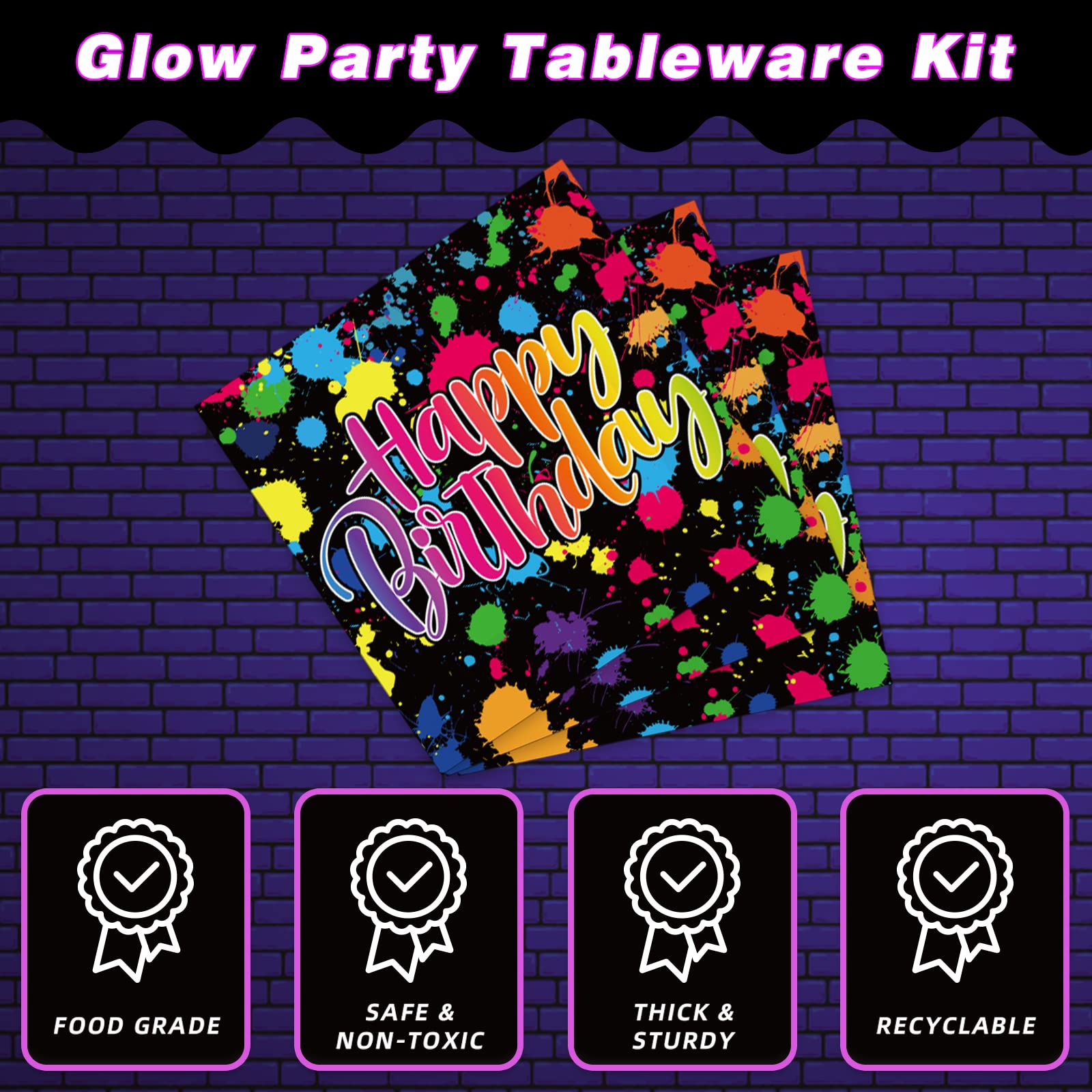 Kepeel 96 Pcs Neon Party Plates  Glow Birthday Party Supplies Disposable Paper Plates Dessert Napkins Glow in the Dark Favors Decorations Graffiti Tableware For Kids  Serves 24