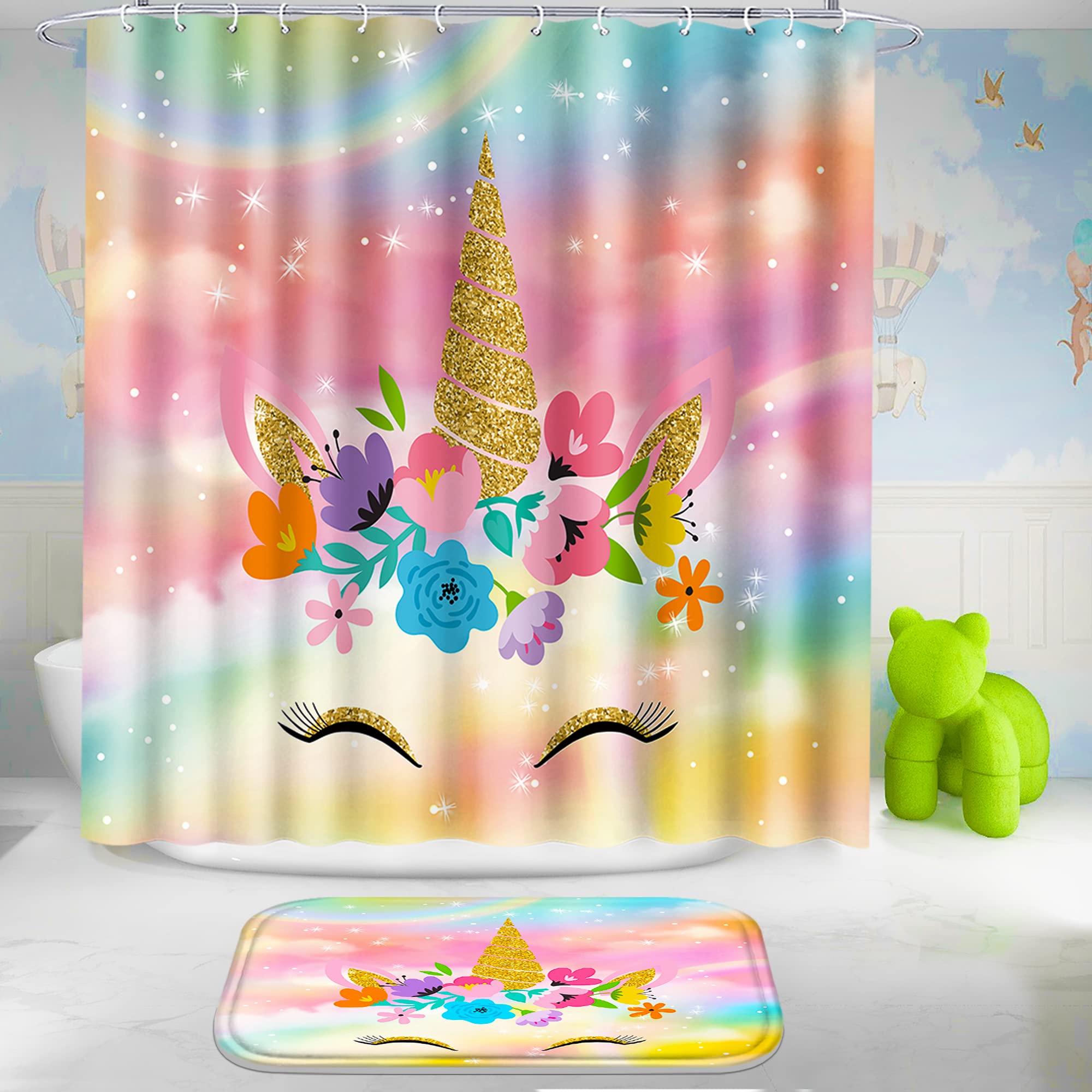 Poedist 4 Pcs Bathroom Shower Curtain Set Kids Bathroom Sets with Rugs(Bath Mat U Shape and Toilet Lid Cover Mat) and 12 Metal Hooks Multicolor Cute Flowers
