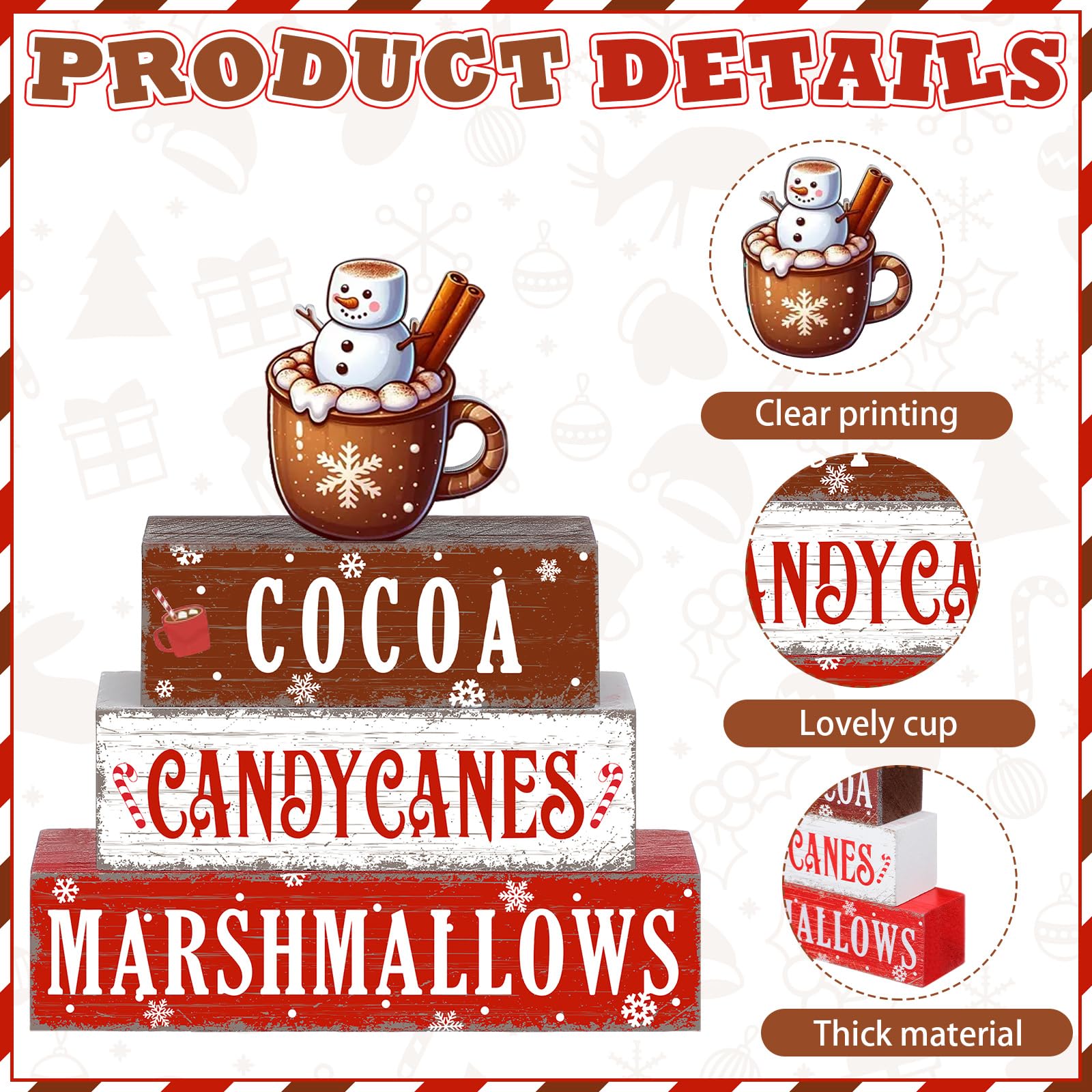 Geelin 4 Pieces Christmas Hot Cocoa Wooden Table Decorations Xmas Hot Cocoa Wooden Signs Rustic Marshmallow Tiered Tray Decor Ta