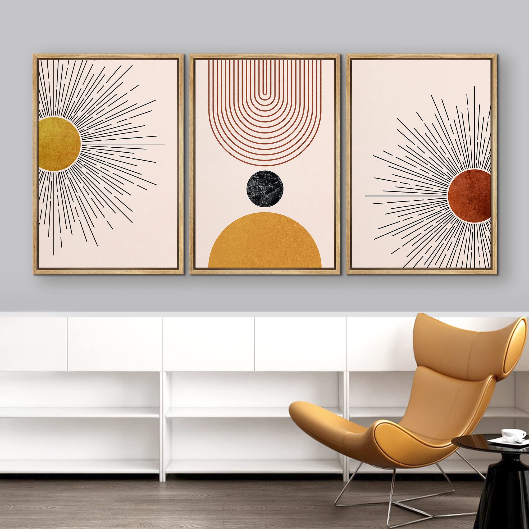Idea4Wall Framed Canvas Print, Wall Art Set Mid-Century Geometric Solar Sun Space Planets Abstract Shapes Illustrations Minimali