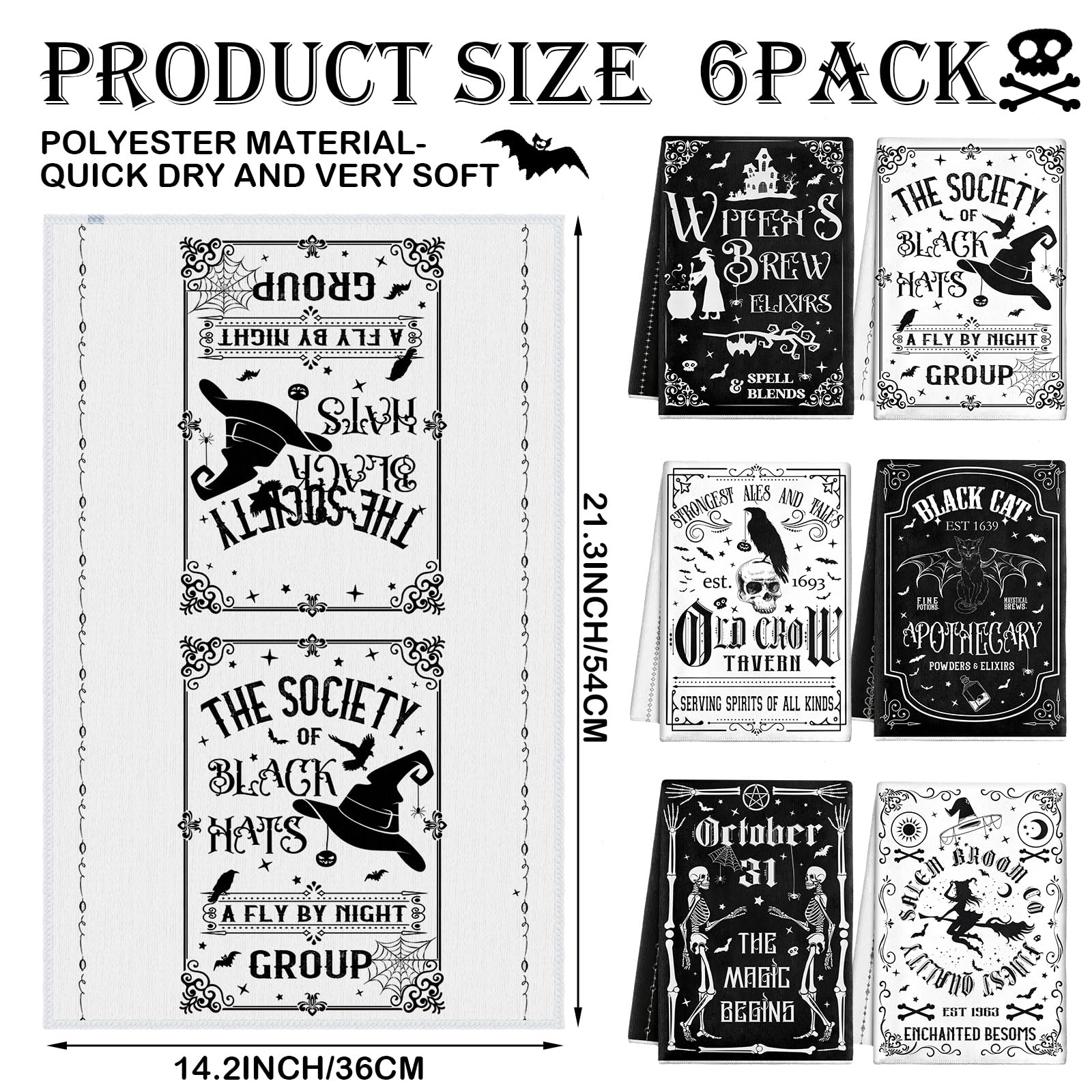 Ganeen 6 Pcs Halloween Kitchen Towels The Undead Gothic Art Dishtowels Set Halloween Skull Tea Skull Gifts Tarot Hand Towels for