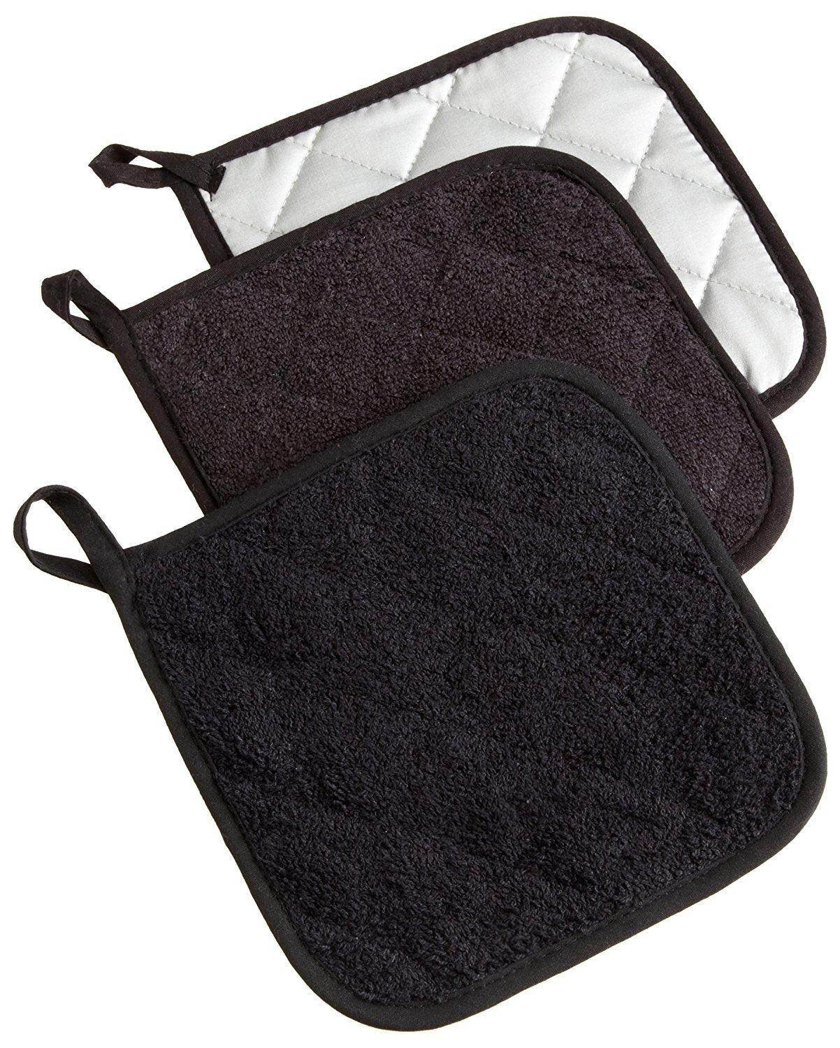 Dii Basic Terry Collection Quilted 100% Cotton, Potholder, Black, 3 Piece