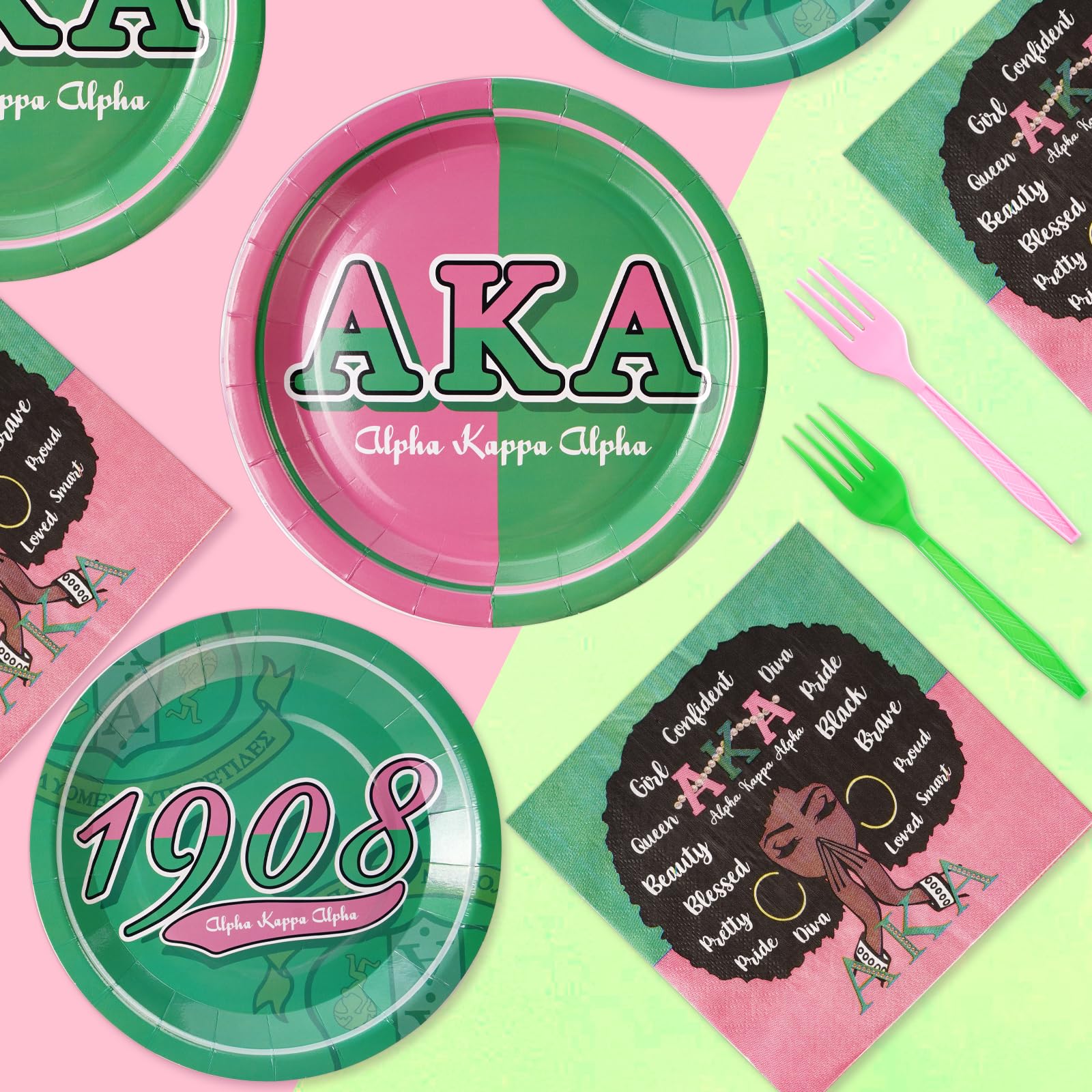 96Pcs Aka Party Supplies Aka Party Plates Disposable Hip Hop Style 1908 Pink Green Aka Paper Tableware Set For Women Girls Kids