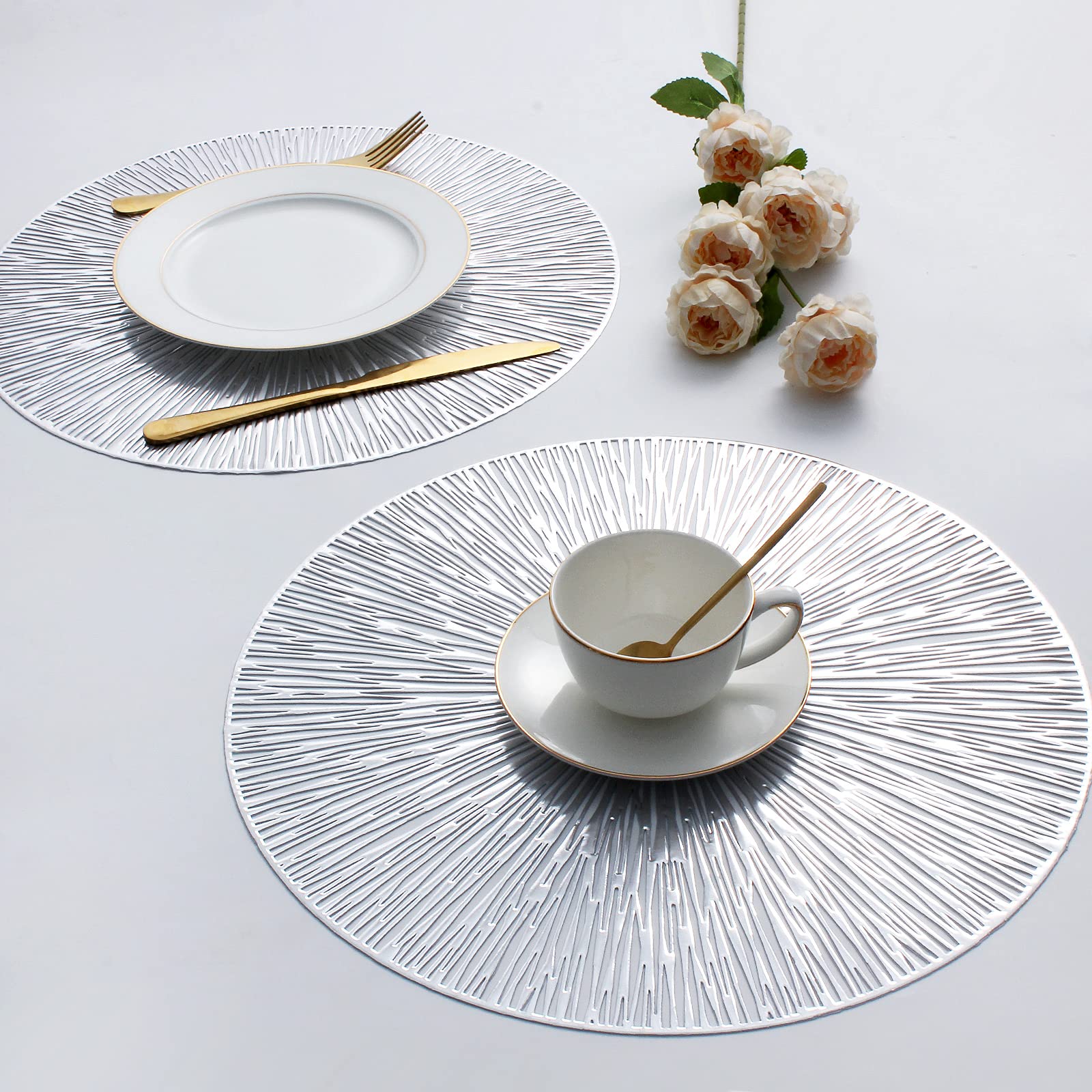 Evevda Placemats For Dining Table Set Of 6 Round Hollow Out Table Mats Pressed Metallic Vinyl Plastic Place Mats Table Decoratio