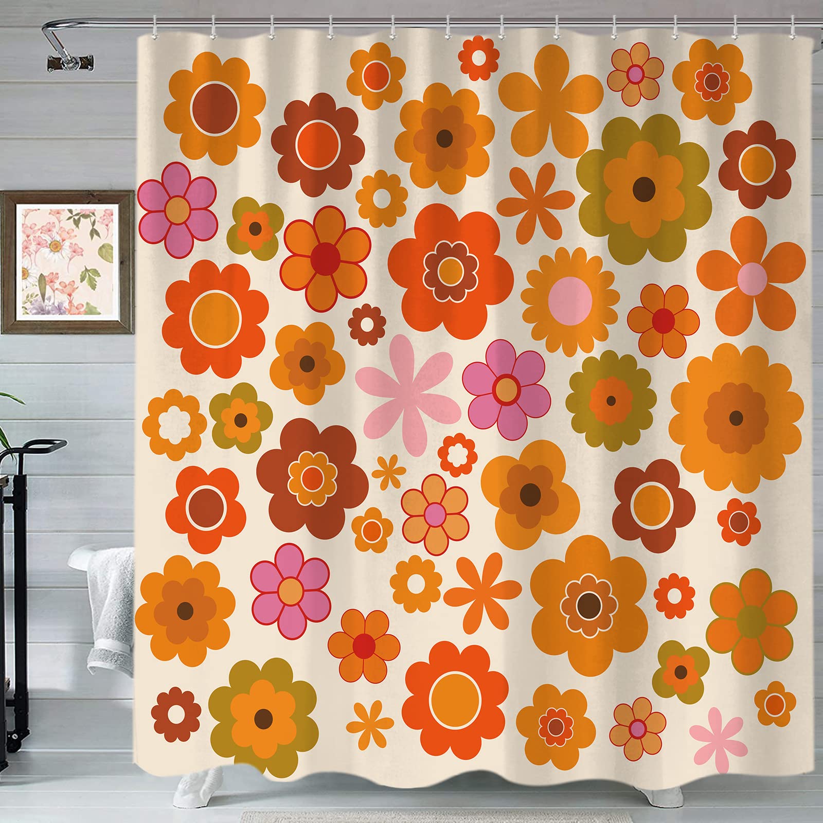 Retro Flowers Shower Curtain, Groovy Brown Orange Sun Flower Vintage 70S Fabric Shower Curtains Set For Bathroom Funky Hippie 19