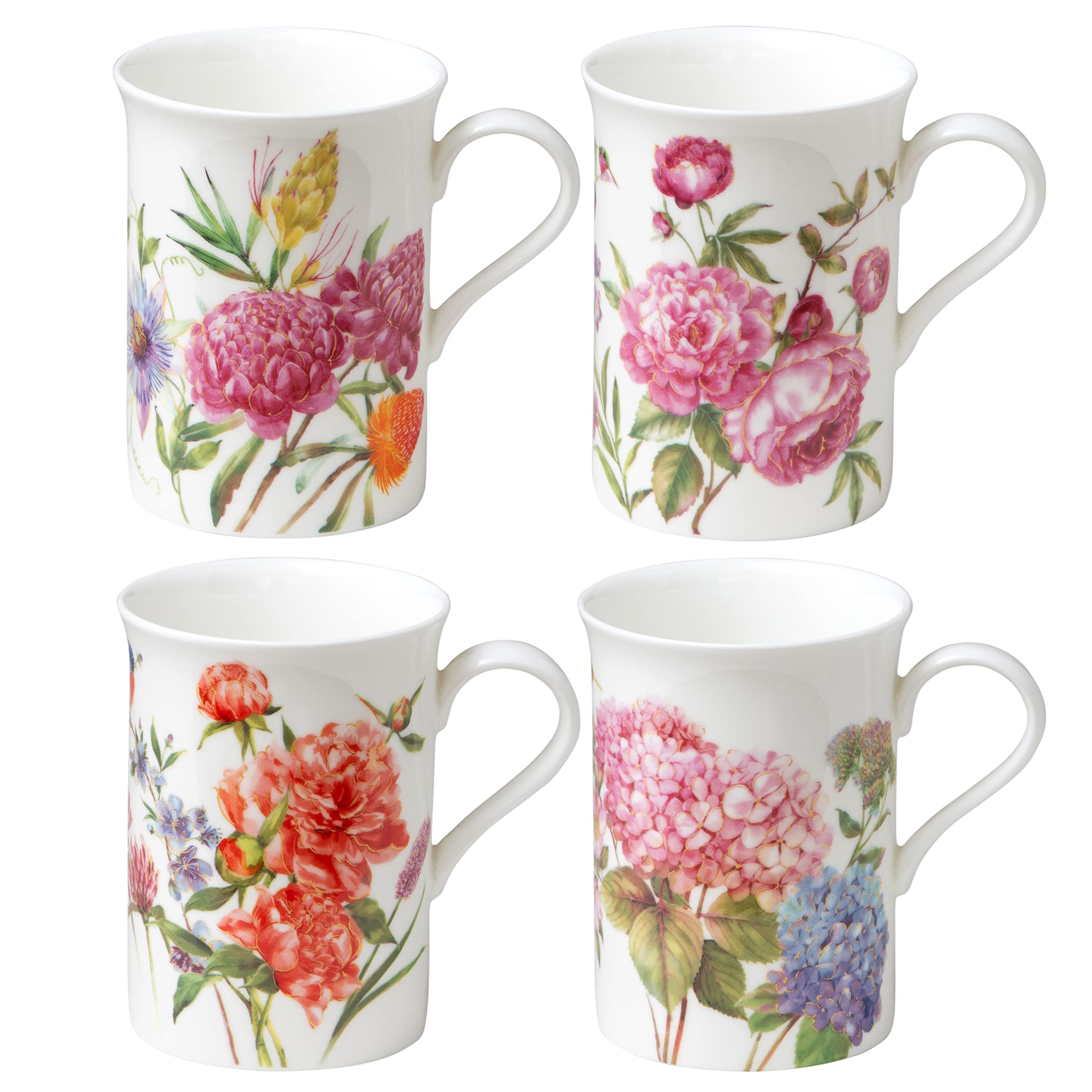Grace Teaware Bone China Coffee Tea Mugs 9Ounce, Assorted Set of 4 (Beautiful Garden)