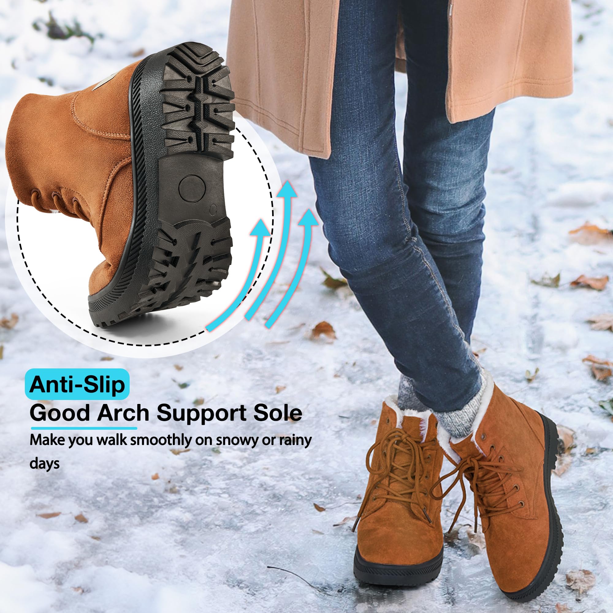 Harence Winter Snow Boots For Women Comfortable Outdoor Anti-Slip Ankle Boots Suede Warm Fur Lined Booties Lace Up Flat Platform