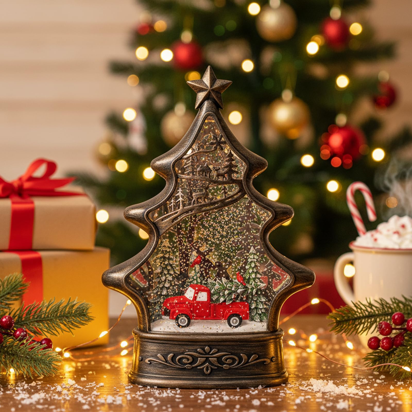 Christmas Snow Globe Lantern Water Glittering Christmas Tree with Red Truck, USB Lined/Battery Operated Lighted Lantern for Chri