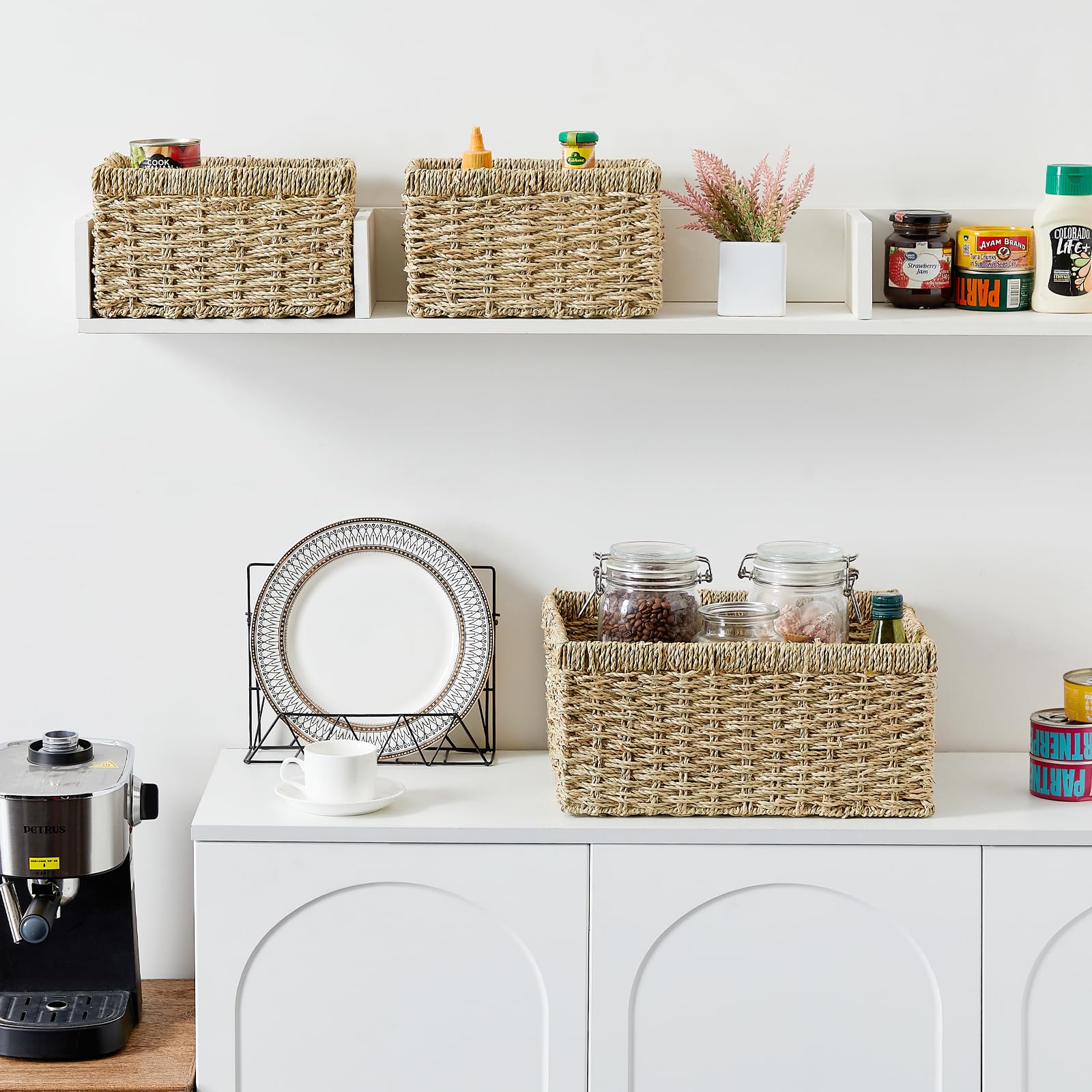 Vagusicc Wicker Basket, Set Of 3 Hand-Woven Storage Baskets For Organizing, Seagrass Wicker Storage Basket Bins With Handles, Sm