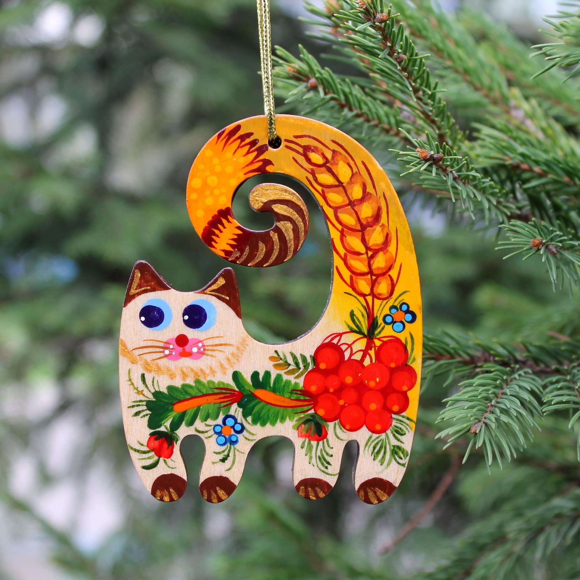 Rustic Wooden Cat Christmas Tree Ornament 3,3 ? 2,8 ? 0,2 Inch | 7 ? 8,5 ? 0,5 cm Ukrainian Folk Art Petrykivka Hand-painted Ris